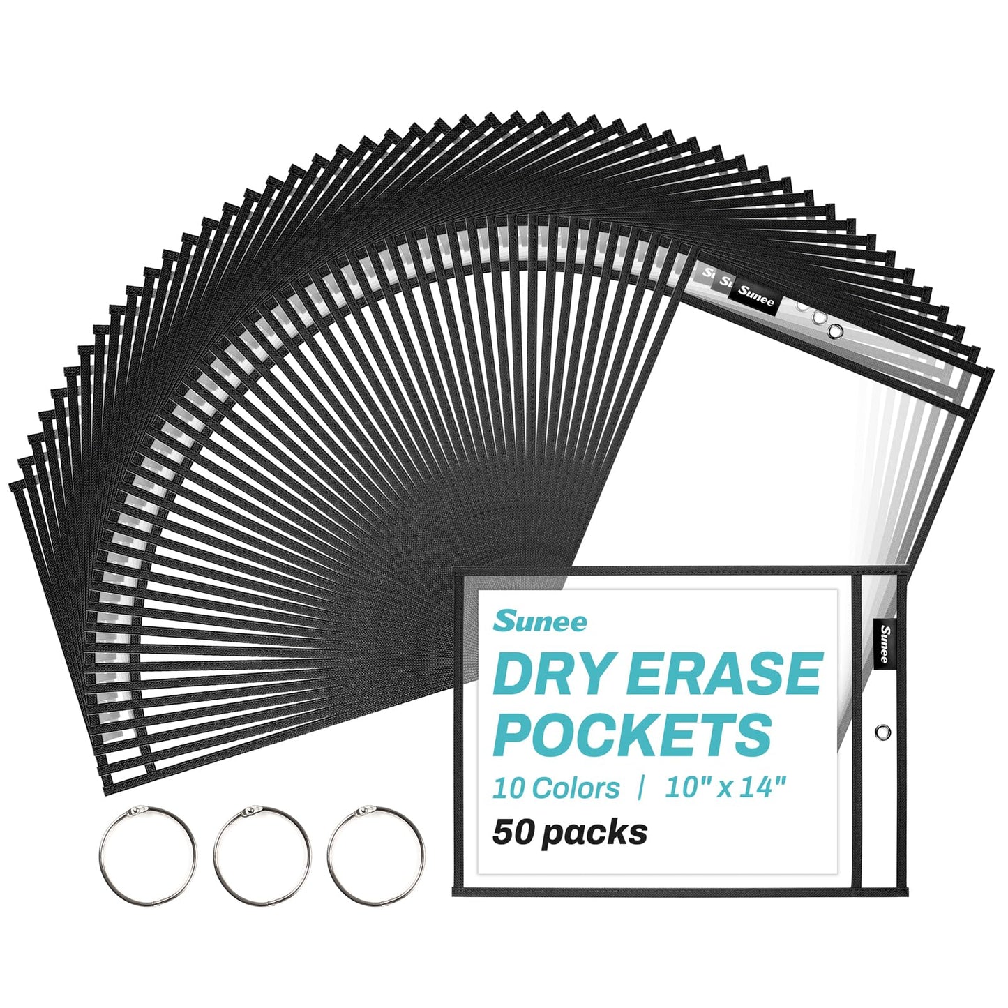 SUNEE 50 Packs Oversized Reusable Dry Erase Pocket Sleeves with 3 Rings, Black 10x14 Ticket Holders, Clear Plastic Sheet Protectors, Teacher School Classroom Supplies