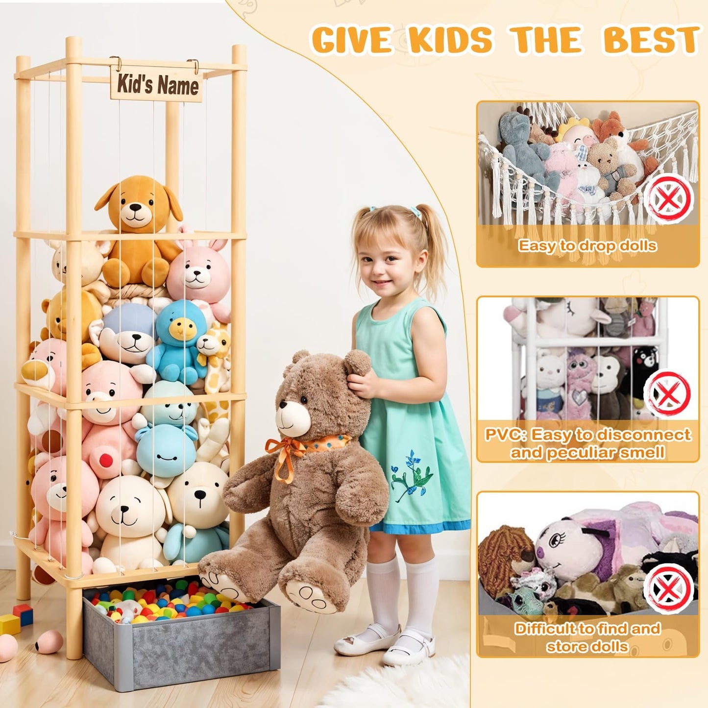 WORLDMX Stuffed Animal Storage with Toys Tray, 57In Large Wooden Stuffy Plushies Storage Holder Extra Large Capacity Stuffed Animals Zoo Organizer for Toddler Rooms, Playrooms & Bedrooms