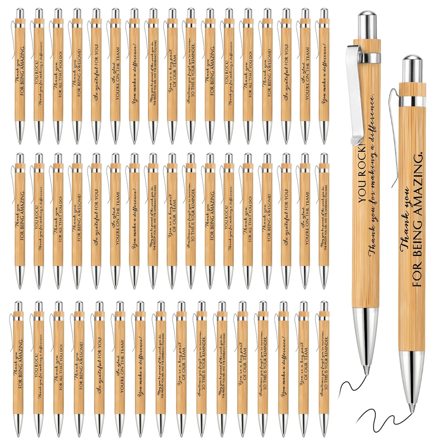 Fuutreo 100 Pcs Appreciation Gift Bulk Thank You Wood Pens Ballpoint Inspirational Bamboo Pens Motivational Gift for Women Men Assistant Teacher Nurses Office Staff Volunteer Coworker