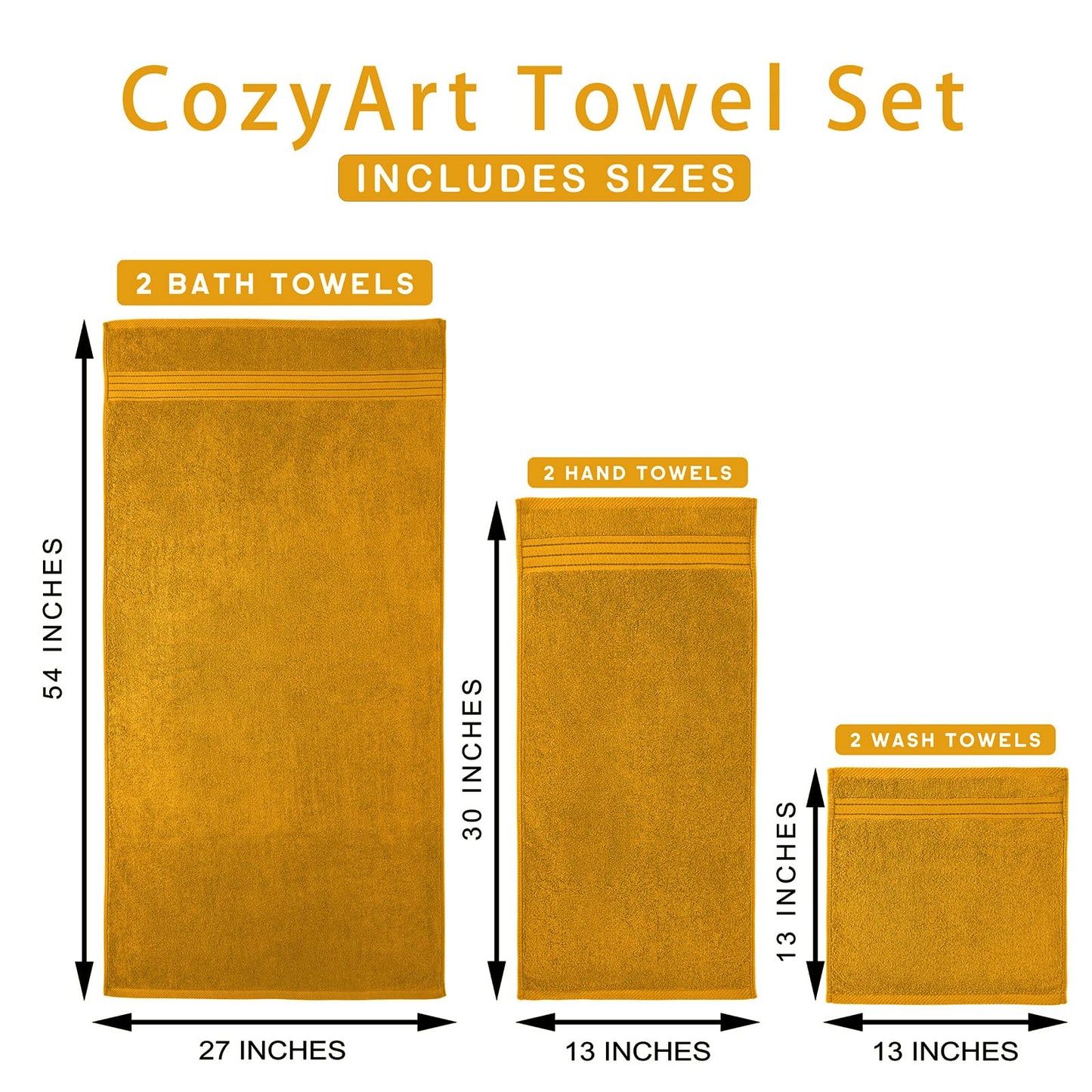COZYART Gold Bath Towel Set 6pcs, Turkish Cotton Bathroom Towel Sets Soft Absorbent and Durable 650 GSM Luxury 6 Pcs with 2 Bath Towels, 2 Hand Towels, 2 Washcloth