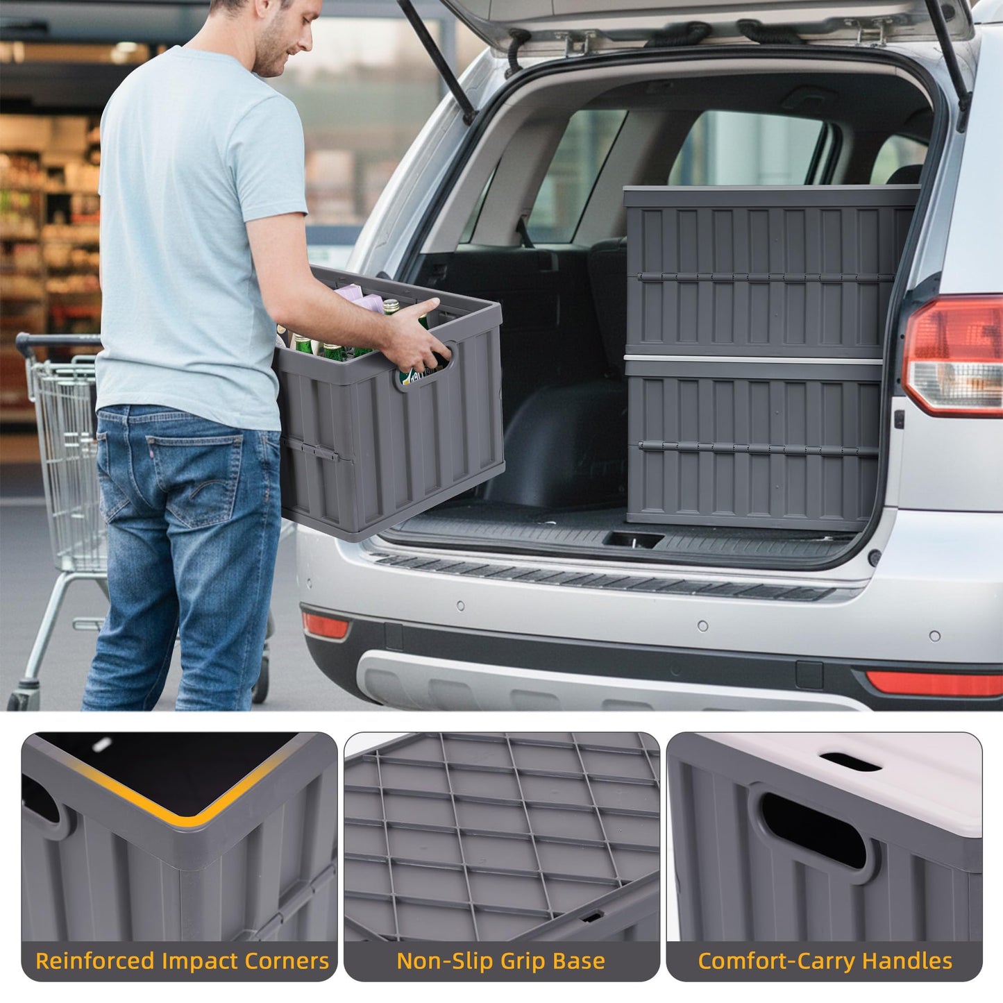 Citylife 64L Collapsible Storage Bins with Lids Plastic Storage Containers for Organizing Stackable Storage Box Large Heavy Duty Utility Crates, 2 Packs