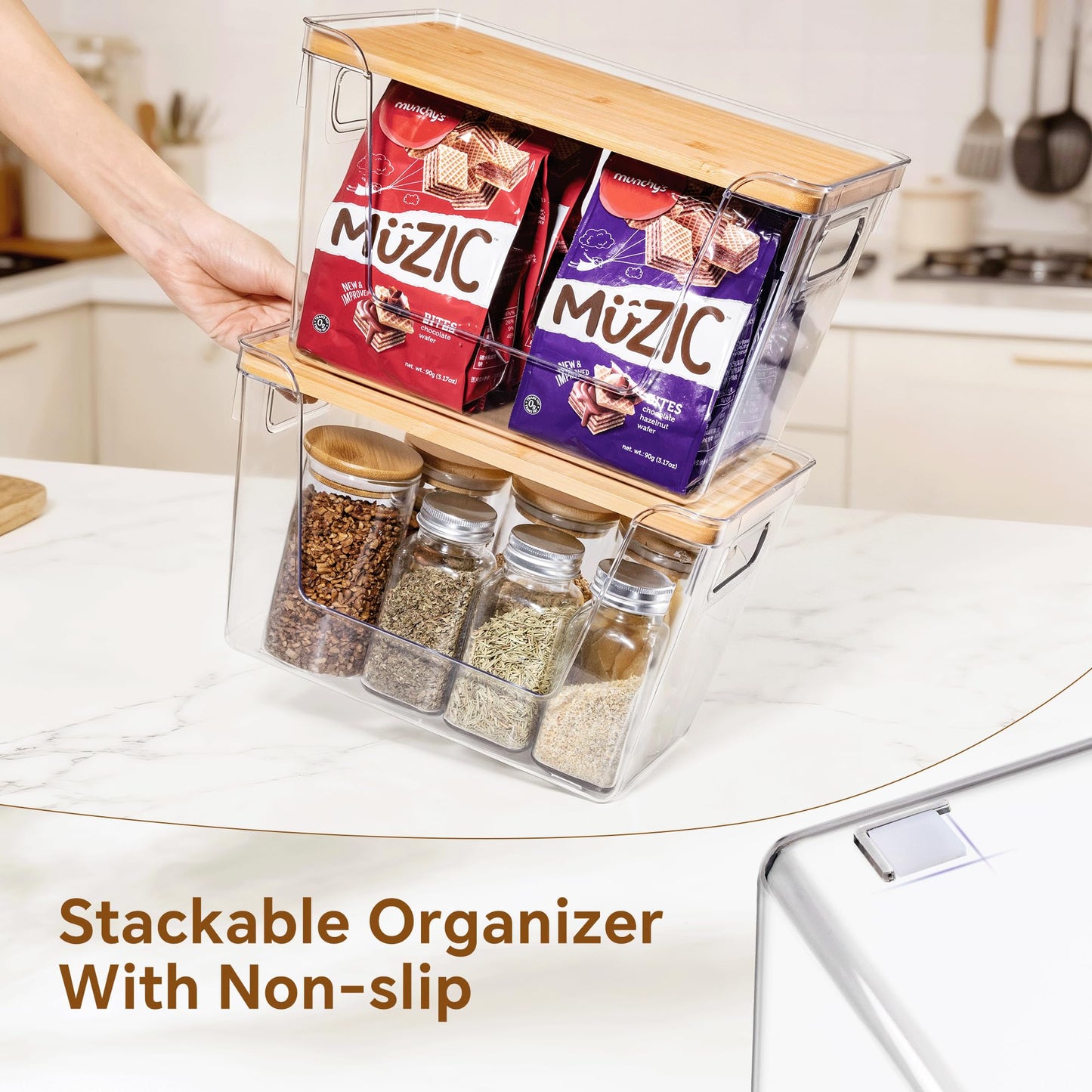 Criusia 4 Set Pantry Organizers and Storage with Bamboo Lids, Stackable Clear Bins for Onion, Potato, Fruit, Vegetables, Trash Bag Dispenser, Kitchen and Under Sink Organizer