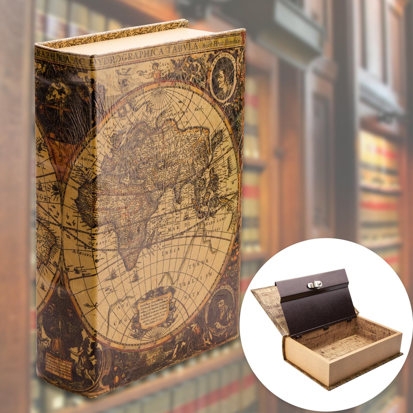 Barska Antique Map Book Safe with Key Lock – Hidden Diversion Lock Box with Magnetic Closure – Concealed Steel Compartment for Cash, Jewelry, Valuables – Home or Office Security Hidden Book Safe