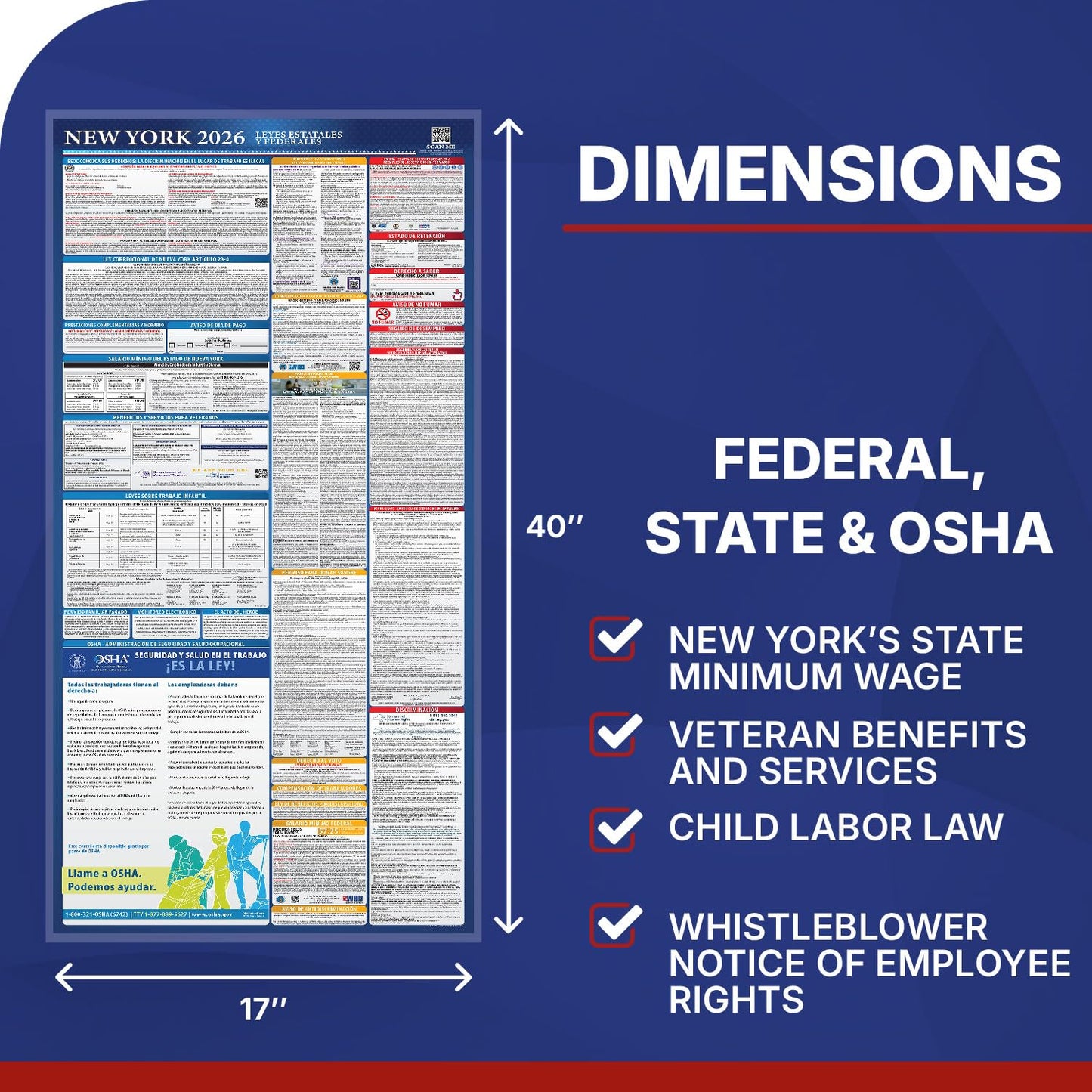 2026 New York State and Federal Labor Law Poster - English Spanish Combo - OSHA Workplace Compliant - Mandatory Regulations Posting for Employees - Required Compliance Posting 17" x 40" Laminated (English Spanish Combo)