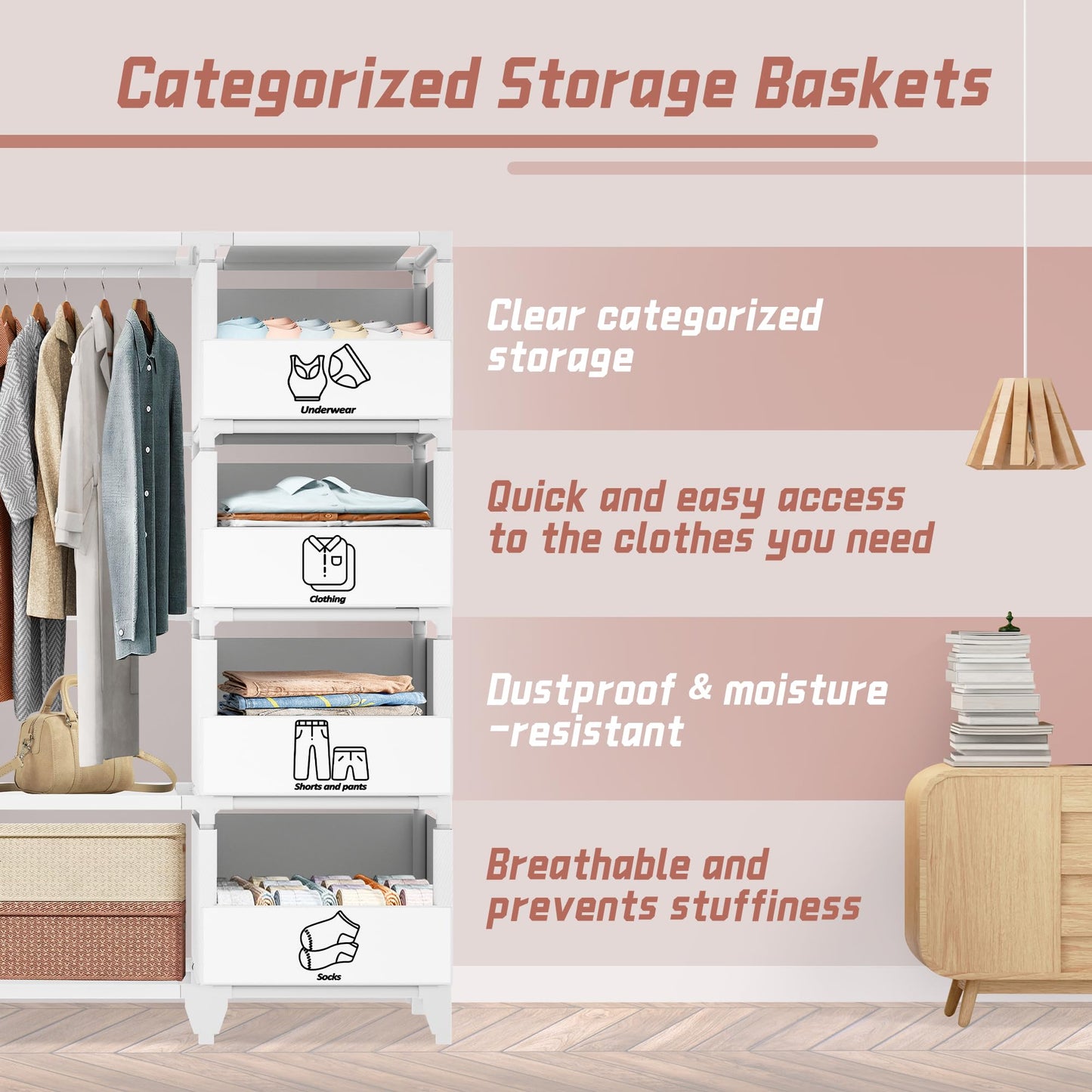 Jofuler Portable Closet, Easy Assembly, Large Capacity Wardrobe Closet, Sturdy and Stable Clothes Rack with Shelves 4 Storage Baskets and 2 Hanging Rods, for Bedroom and Cloakroom White