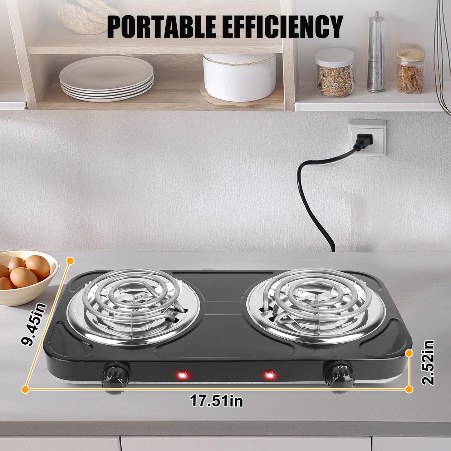 Electric Charcoal Burner Stove, 500W Single Coil Hot Plate Starter with Grill Tongs, 5-Level Temp, Smart Heat Control & Stainless Steel Fast Heating for Cooking top Countertop (3890 Double Black)