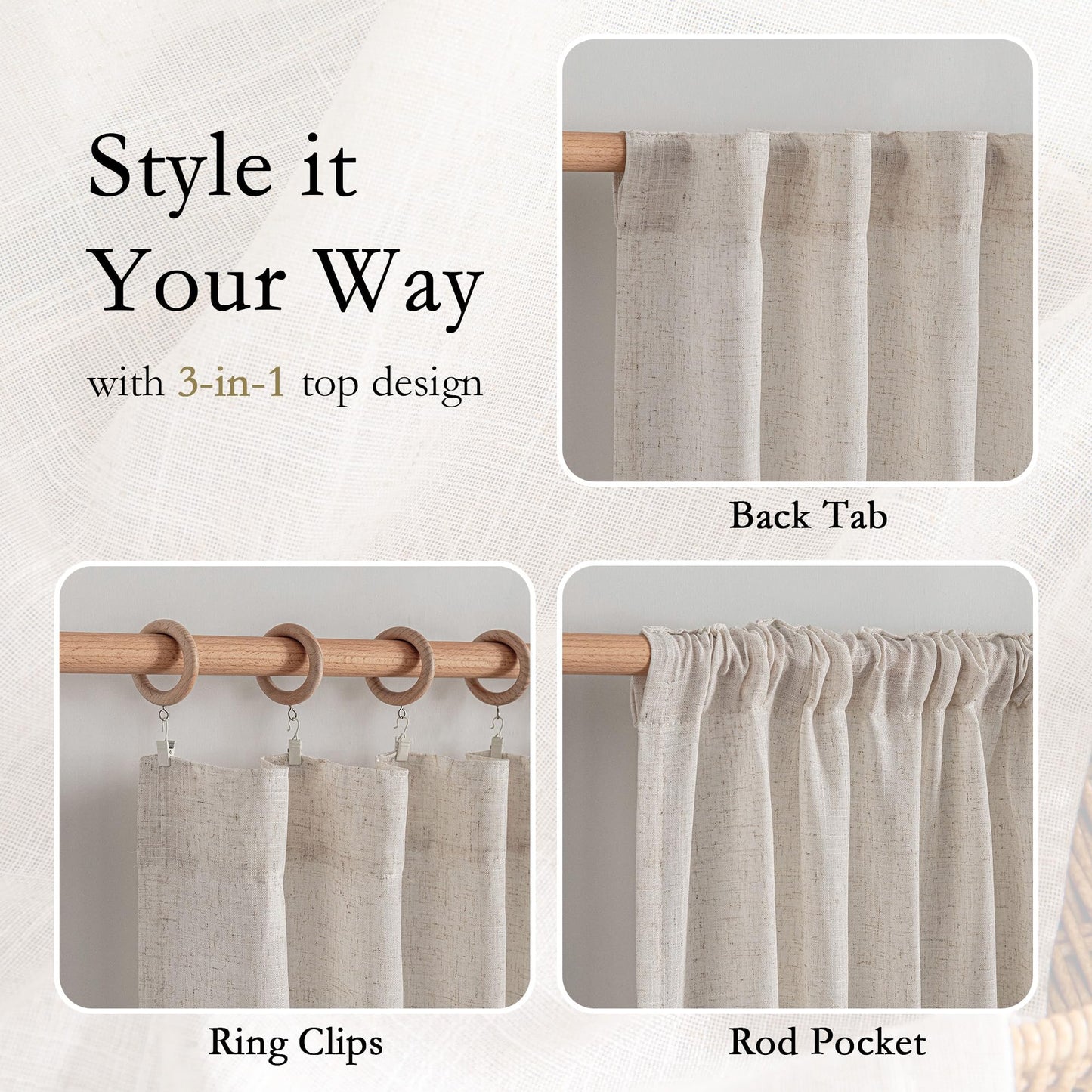 MYSKY HOME Natural Linen Curtains for Living Room, Semi Sheer Curtains & Drapes 84 inches Length 2 Panels Set Farmhouse Country Style Back Tab Draperies for Sliding Glass Door, 50" Wide, Linen
