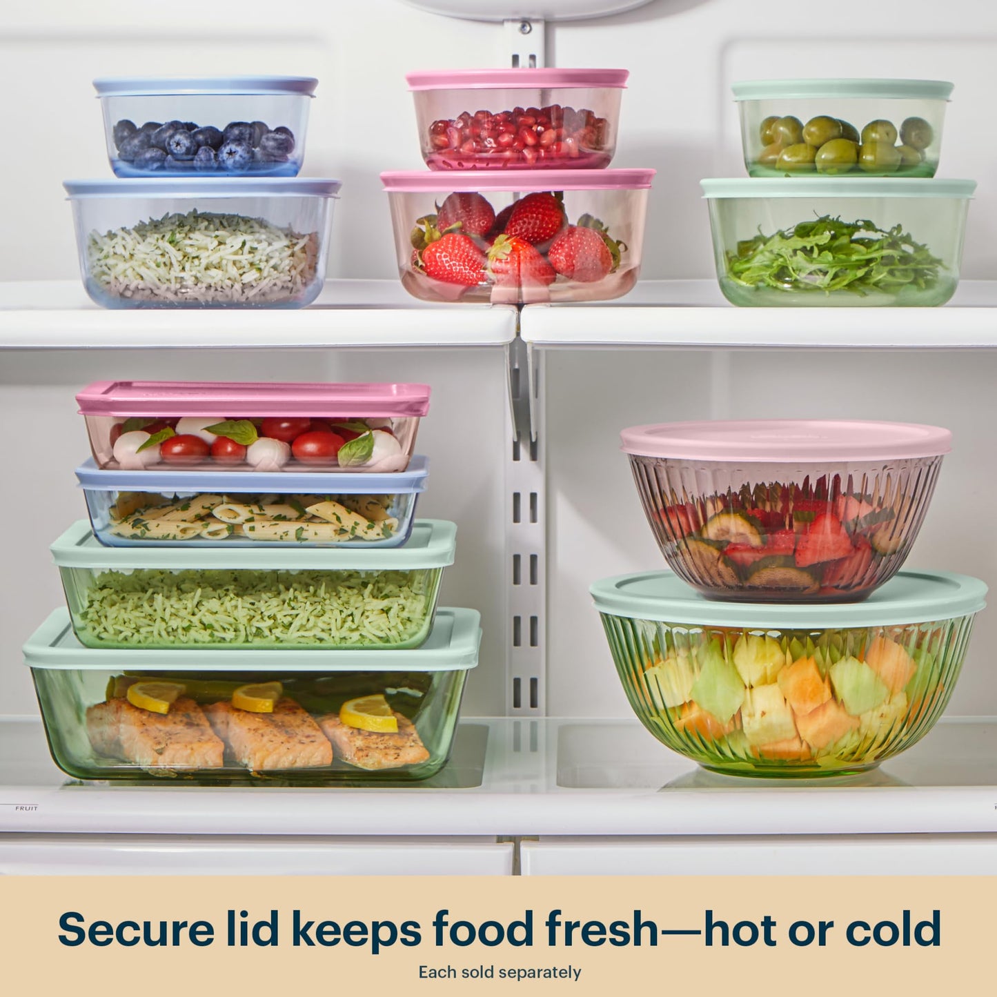 Pyrex Colors (3-Pack, Large) Tinted Glass Rectangle Food Storage Container Set, Snug Fit Non-Toxic Plastic BPA-Free Lids, Freezer Dishwasher Microwave Safe, 3 Cup, 6 Cup & 11 Cup