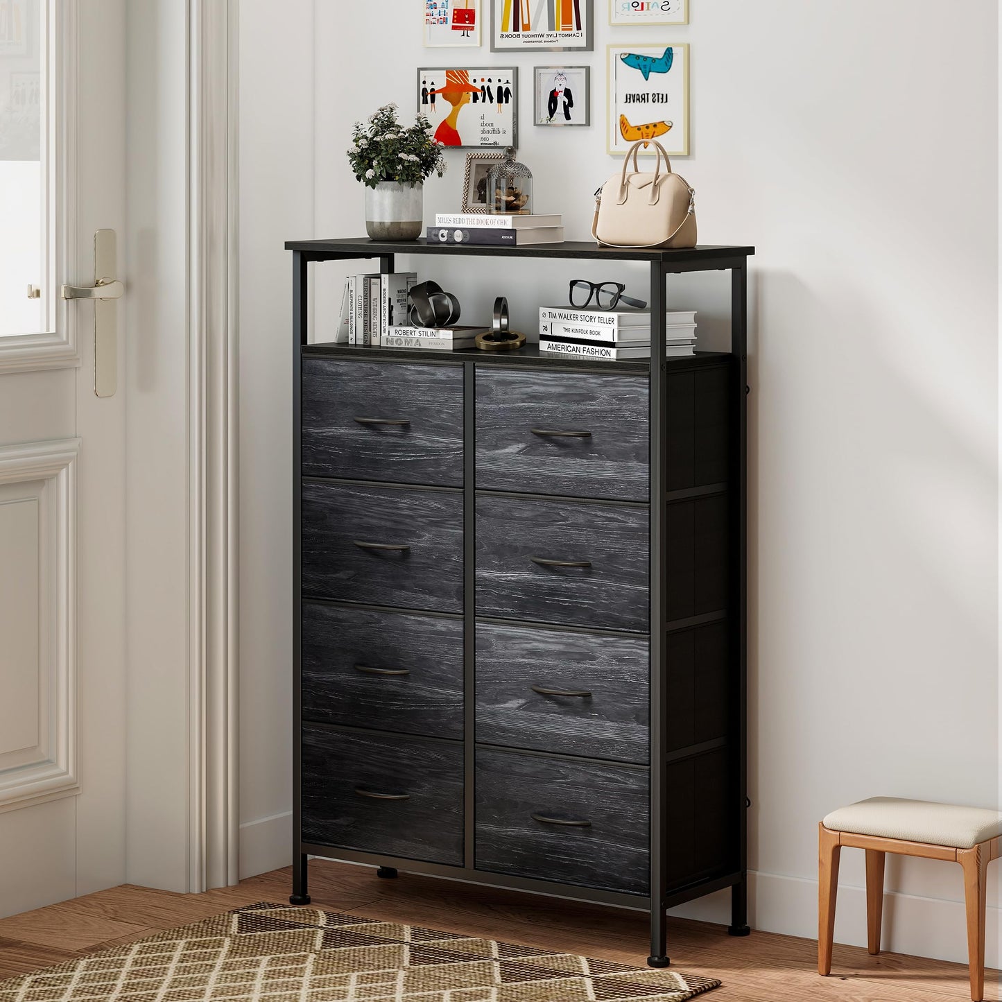 DUMOS Fabric Dresser for Bedroom with 8 Drawers, Tall 8-Drawer Chest of Drawers with Raised Shelf, Storage Tower with Fabric Bins for Closet Organization, Hallway Storage, Black Wood Grain Print