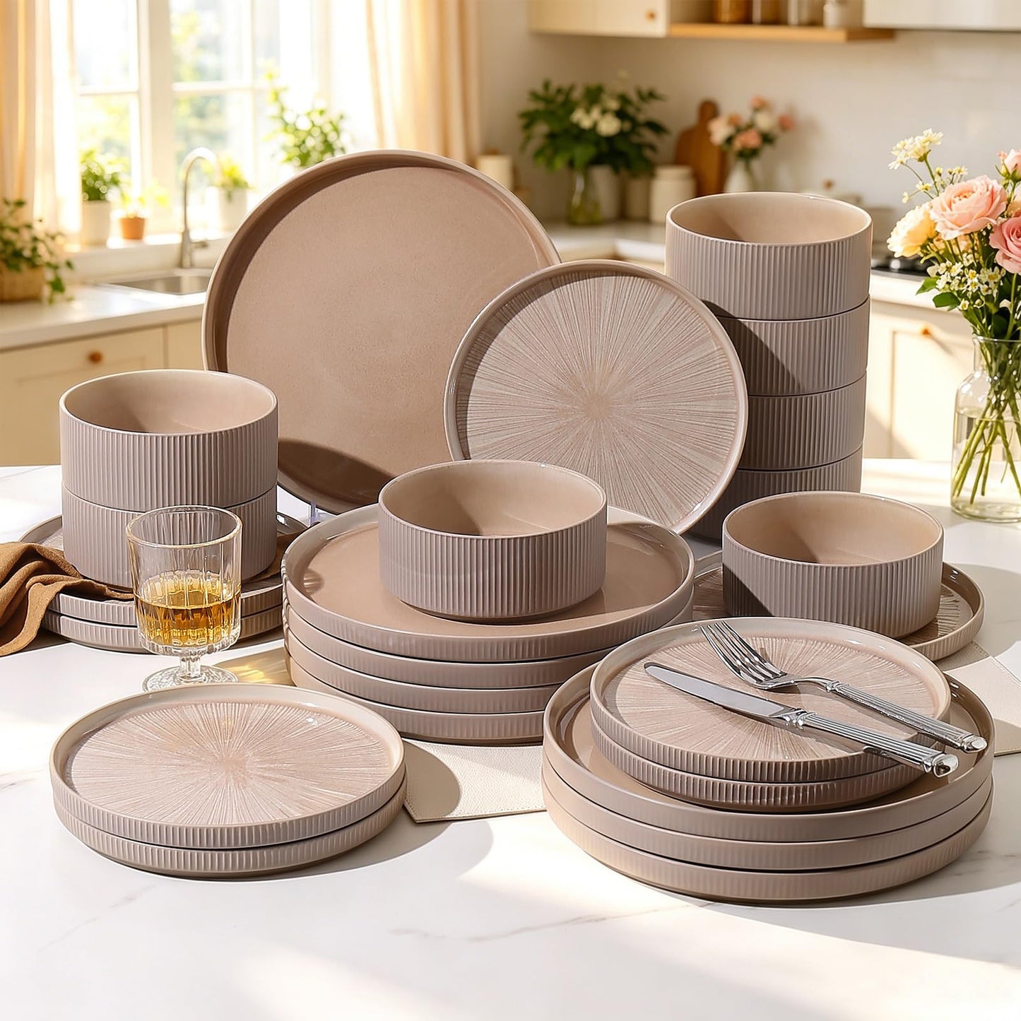 ALOFMO Dinnerware Sets for 4, Ceramic Plates and Bowls Set 12 Piece Dinnerware Chip Resistant Stoneware with Advanced Inkjet Printing Technology, Dishwasher and Microwave Safe-Dusty Brown
