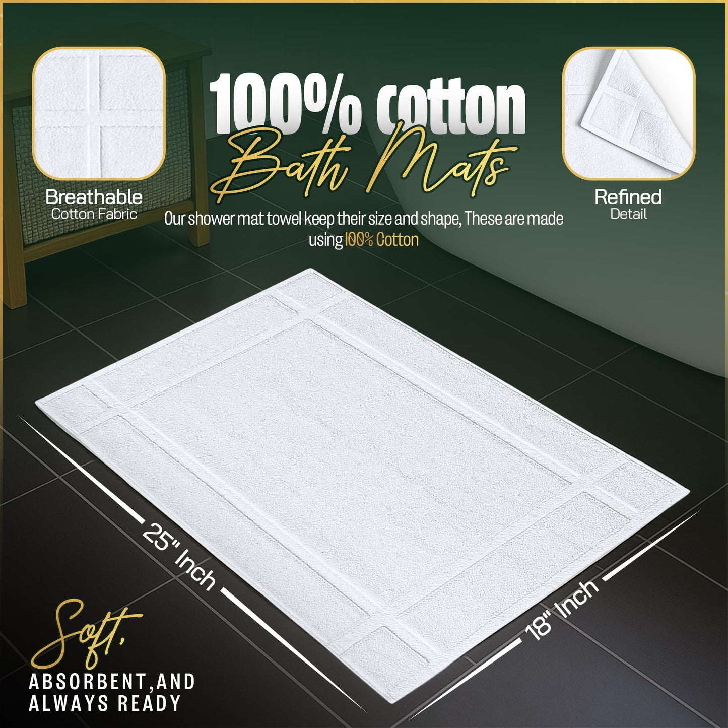Pearl Linens Pack of 6 100% Cotton Bath Mat Towels,18x25 inches, Soft & Absorbent Floor Towels for Bathroom, Not Bathroom Rugs, After Shower Mat, 781 GSM, Machine Washable, Airbnb Essentials, White
