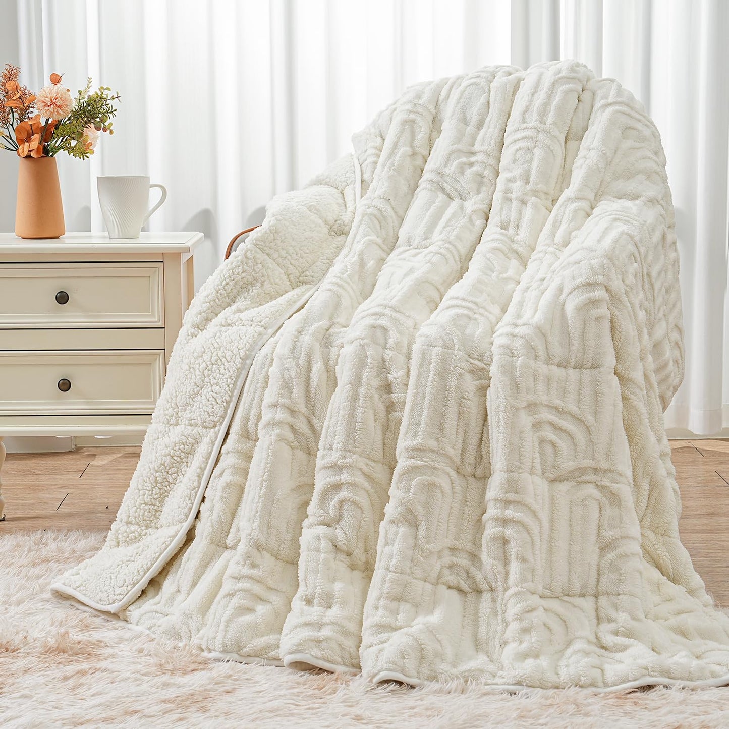 Wemore Jacquard Fleece Weighted Blanket Queen Size 60" x 80" 15lbs, Ultra Soft Cozy Sherpa Weighted Blankets for Adults, Ultra Fuzzy Heavy Blanket for Sleep, Fluffy Warm Throw for Bed, Cream White