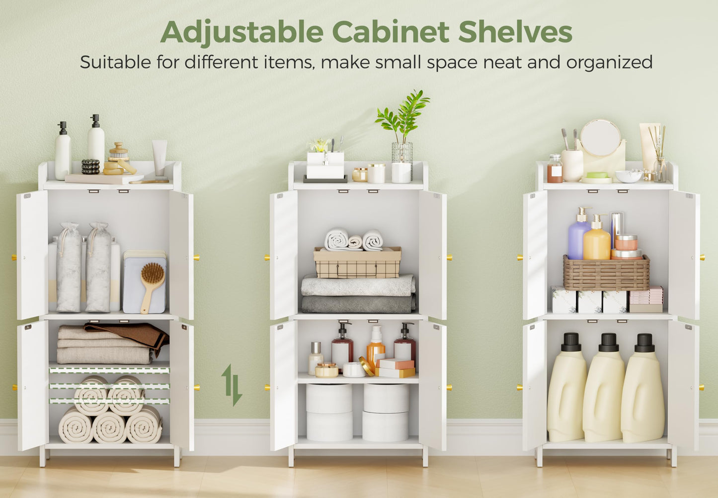 BEWISHOME Small Floor Cabinet, Toilet Paper Storage, Bathroom Storage Cabinet with 4 Doors and Shelves, Bathroom Organizers and Storage for Small Spaces, White 7.9" D x 14.6" W x 31" H YYG11W