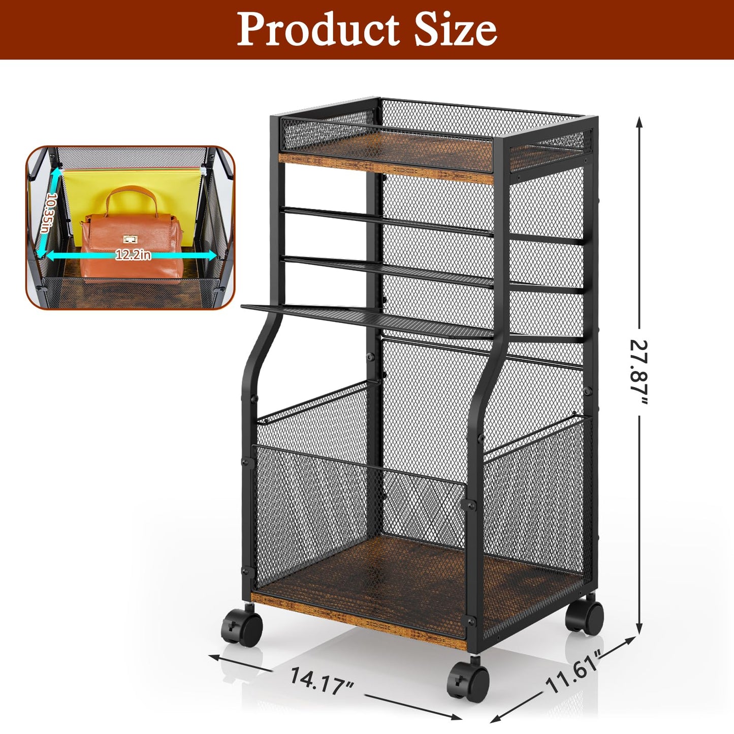 5-Tier Rolling File Cart with Lockable Wheels, Mobile File Cabinet for Hanging File Folders Sliding Trays, Under Desk Storage, Paper Organizer Utility Cart Filing Cabinet for Office, Home, School