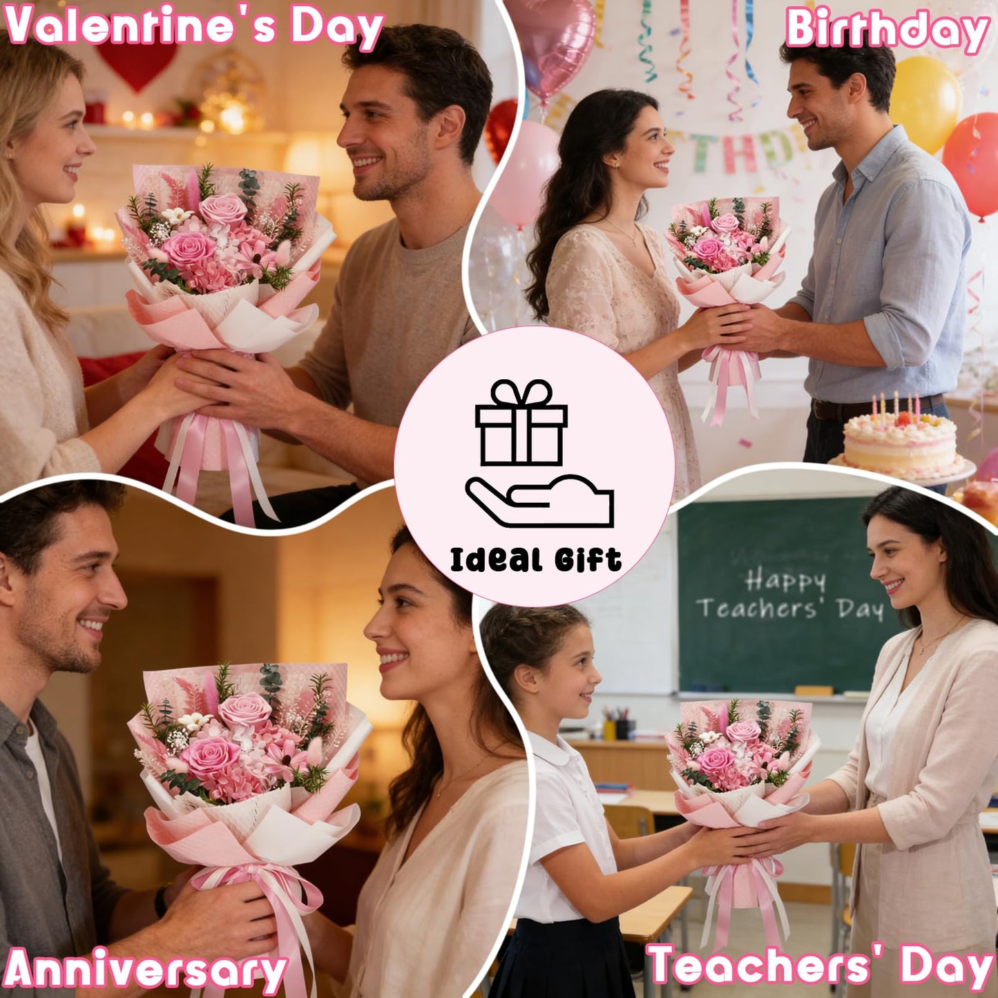 Preserved Flowers Bouquet-Pink Forever Flowers For Delivery Prime, Ideal Anniversary Valentine Gifts for Women Mother Wife Grandma