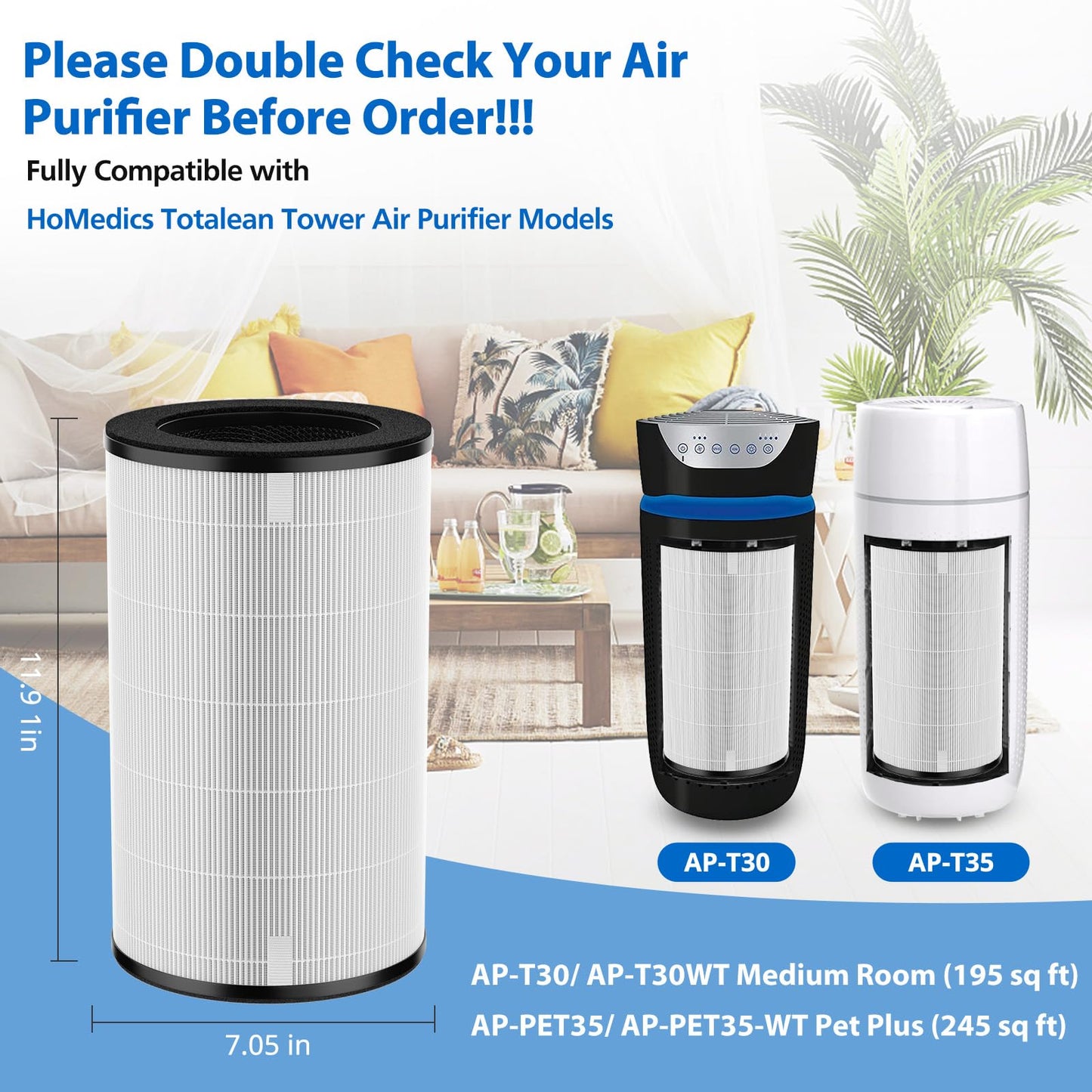 AP-PET35 AP-T30 Replacement Filter Compatible with HoMedics TotalClean Air Purifier Models 5-in-1 AP-T30FL AP-T30WT AP-PET35FL AP-PET35-WT, 360° Filtration 5 Layers 3 in 1 HEPA Filter