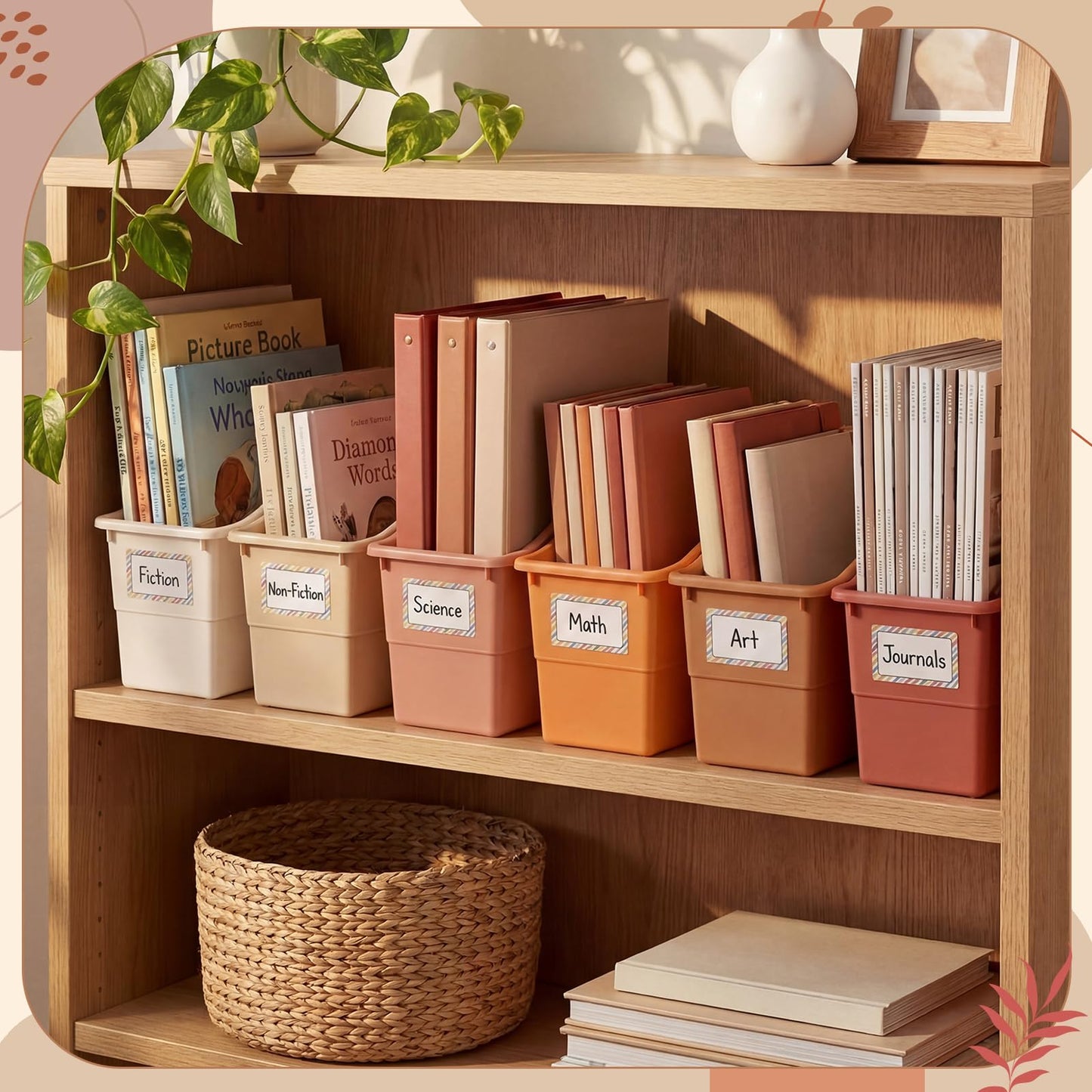 Blosssound 6 Set Book Bins for Classroom with Label Sticker Book Box Baskets Plastic Stackable Organizing Bins Storage & Organization for Classroom Library Home School Supplies (Earth Tones)