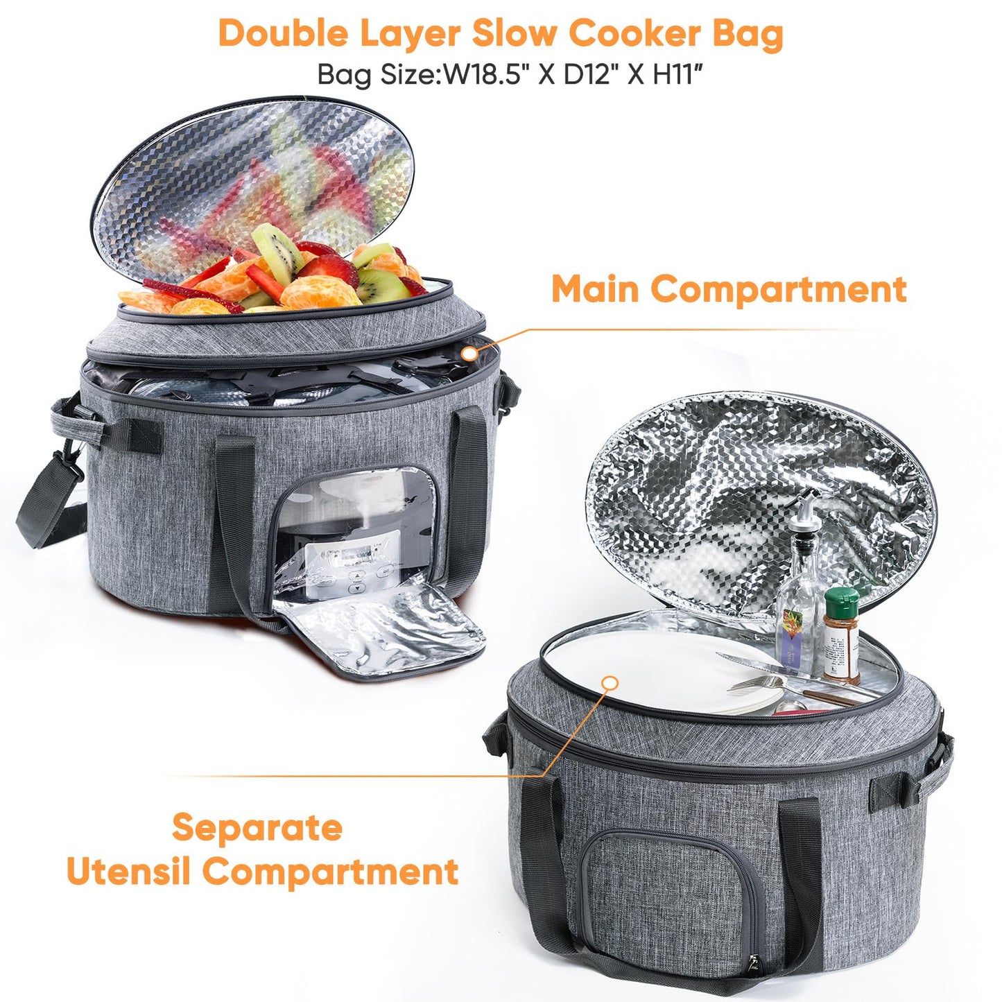Double-Layer Slow Cooker Carrying Bag for 6-8 Quart CrockPot and Hamlton Beach Slowcooker, Travel Bag with Lid Fastener for Crock-pot, Portable Carrier with See-throught Window(BAG ONLY)