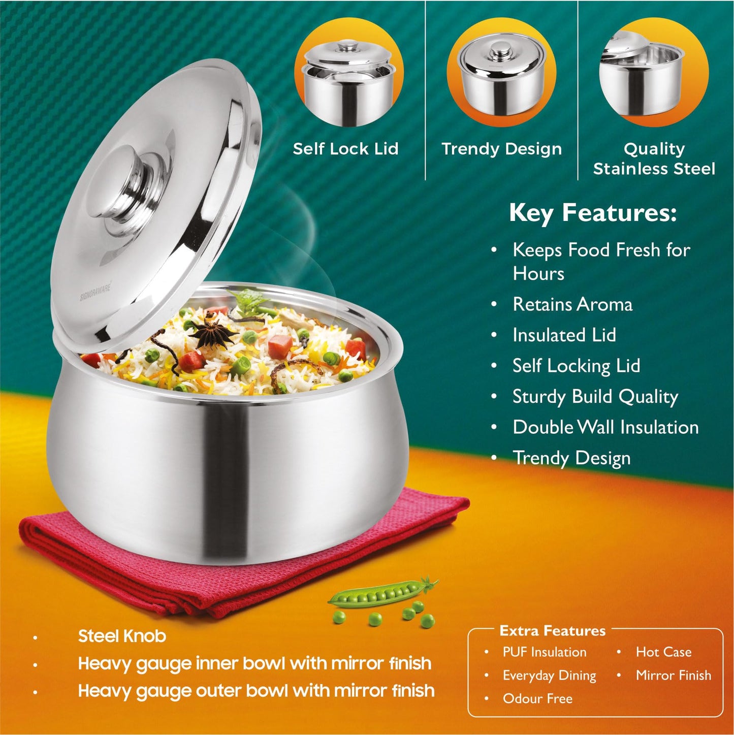 SIGNORA WARE Large Insulated Casserole Dish with Lid Set of 3. Stainless steel Hot Pot Food Warmer/Cooler -Thermal Soup/Salad Serving Bowl Stainless Steel Hot Food Container–Best Gift Set for Moms