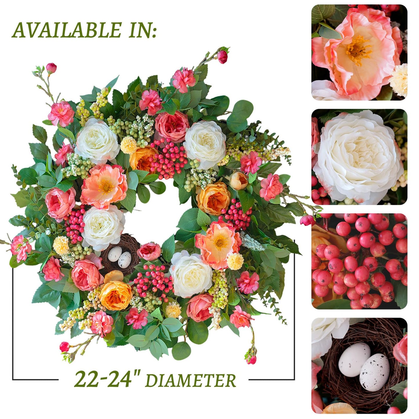 CHvista 24 Inch Spring Wreaths for Front Door Outside,Handcrafted Spring Door Wreath with Roses,Eucalyptus Greener y& Bird Nest Eggs,Luxury Summer Wreaths for Front Door for Porch Home Wall Window
