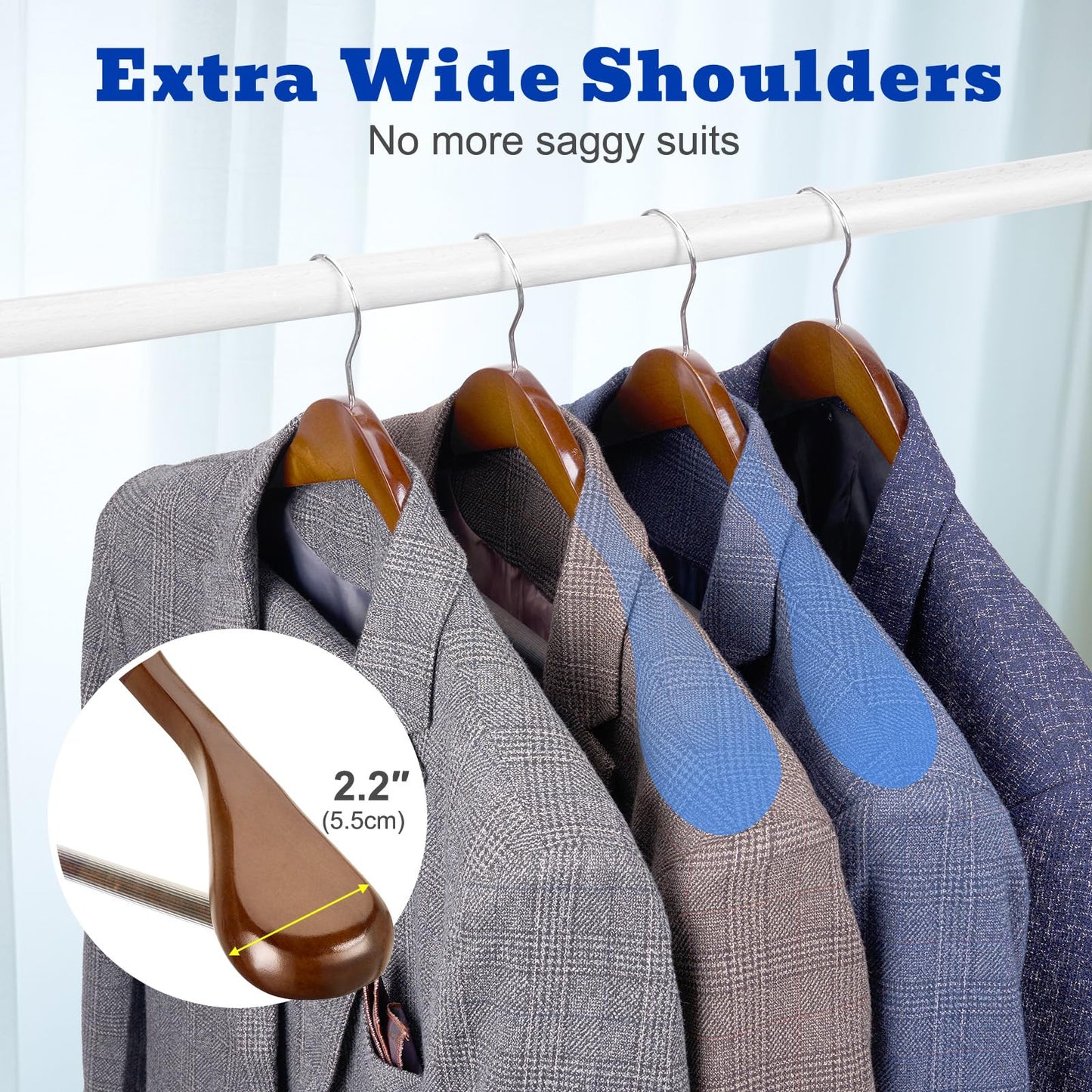 HOUSE DAY Wide Shoulder Wooden Hangers, Suit Hangers with Non Slip Pants Bar, Smooth Finish 360° Swivel Hook Solid Wood Coat Hangers for Dress, Jacket, Pants, Heavy Clothes Hangers 6 Pack (Walnut)
