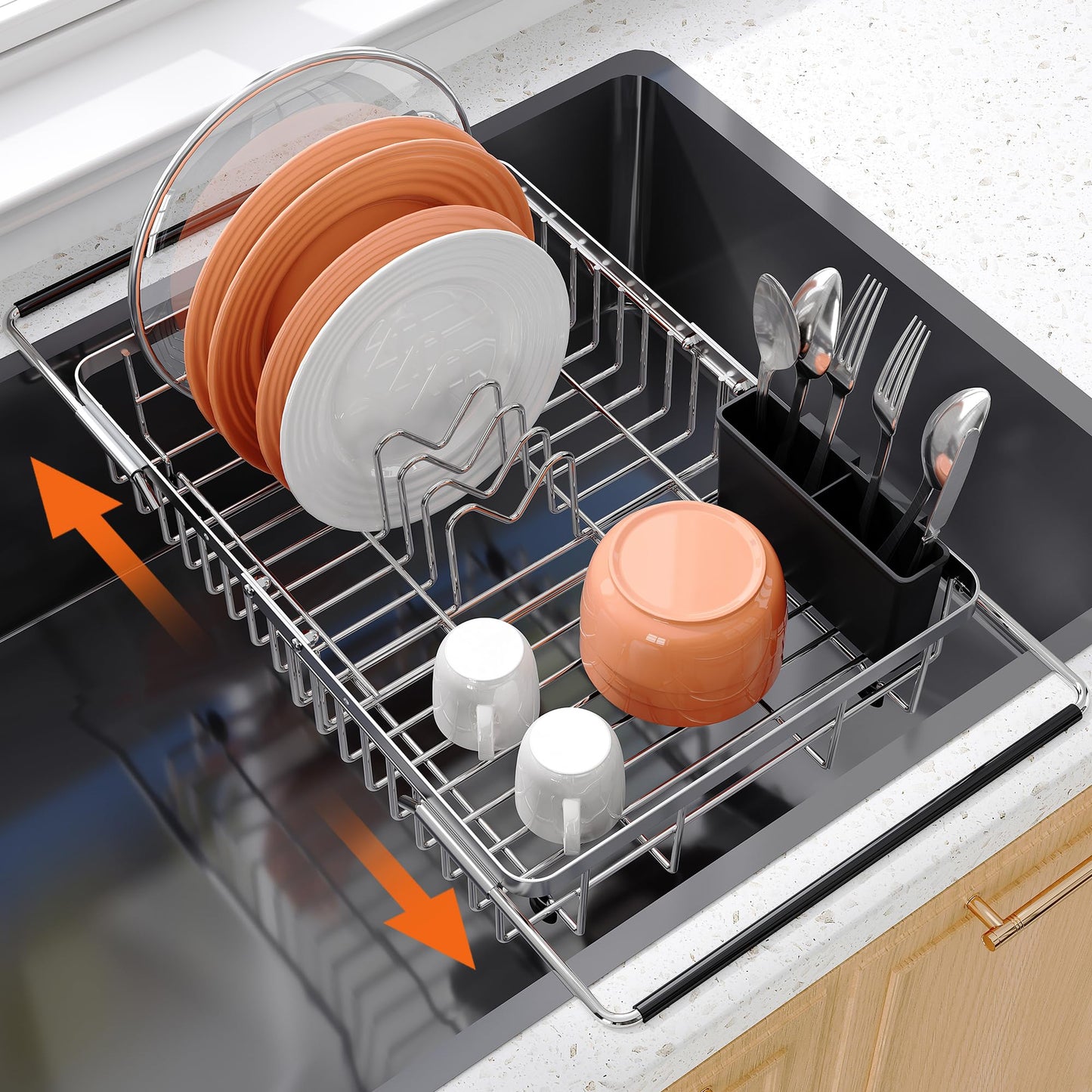 Expandable Over The Sink Dish Drainer Drying Rack In Stainless Steel Metal For Small Kitchen, Counter Space Saving Compact Above Plate Dryer Strainer, Adjustable Hanging Inside Sink Wire Drain Holder