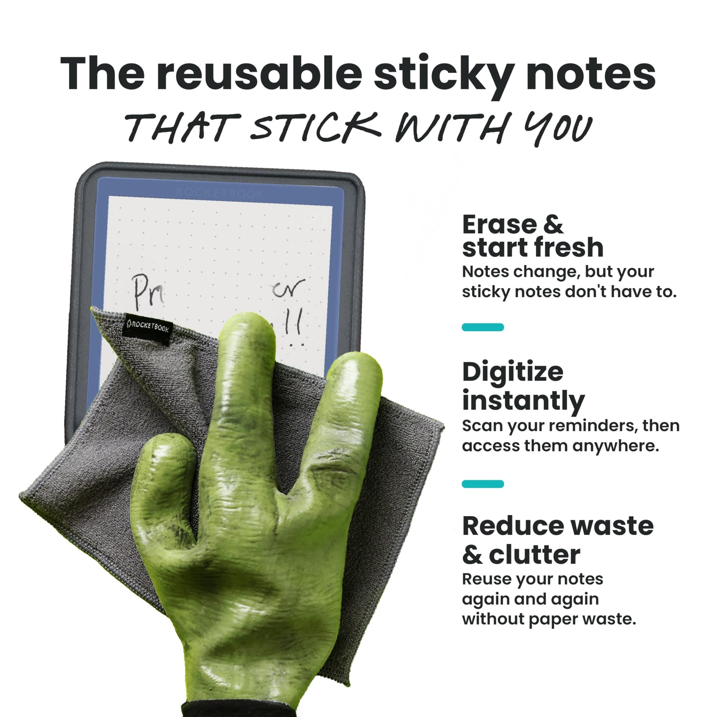 Rocketbook Reusable Sticky Notes, Restick and Reorganize Memo Pads, 3"x3", 16 Multi-Colored and 15 Black Sticky Notes, Includes Pen, Towel + Carrying Case (Kit of 2)