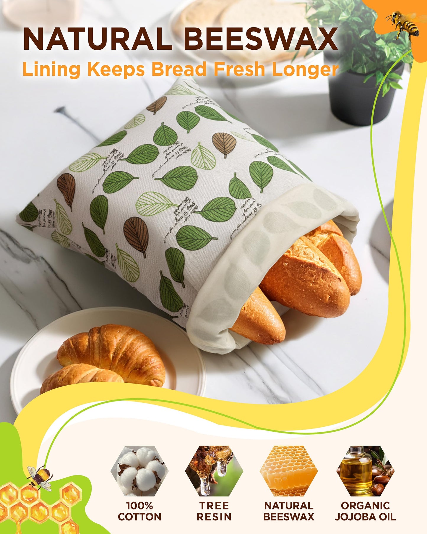 Beeswax Bread Bag for Homemade Bread, Sourdough Bread Bags with Zipper, 2 Pack XL 13"x17" Natural Beeswax Lined Cotton Bread Storage Bags, Freezer Safe, Keep Fresh
