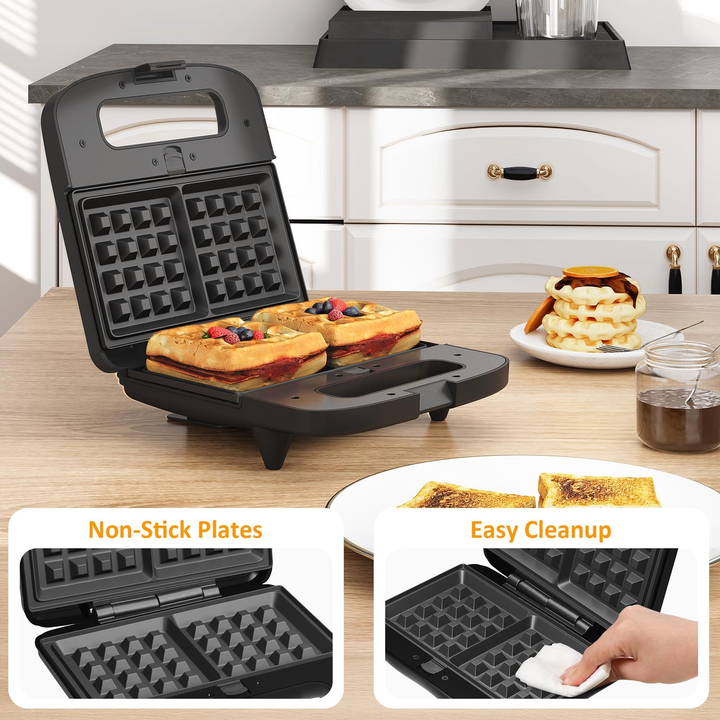 SUNVIVIPRO 3 in 1 Waffle, Grill & Sandwich Maker, Sandwich Maker Panini Press Waffle Iron Set with Removable Non-Stick Plates & Indicator Lights, Panini Press Grill for Breakfast, 800W, Black