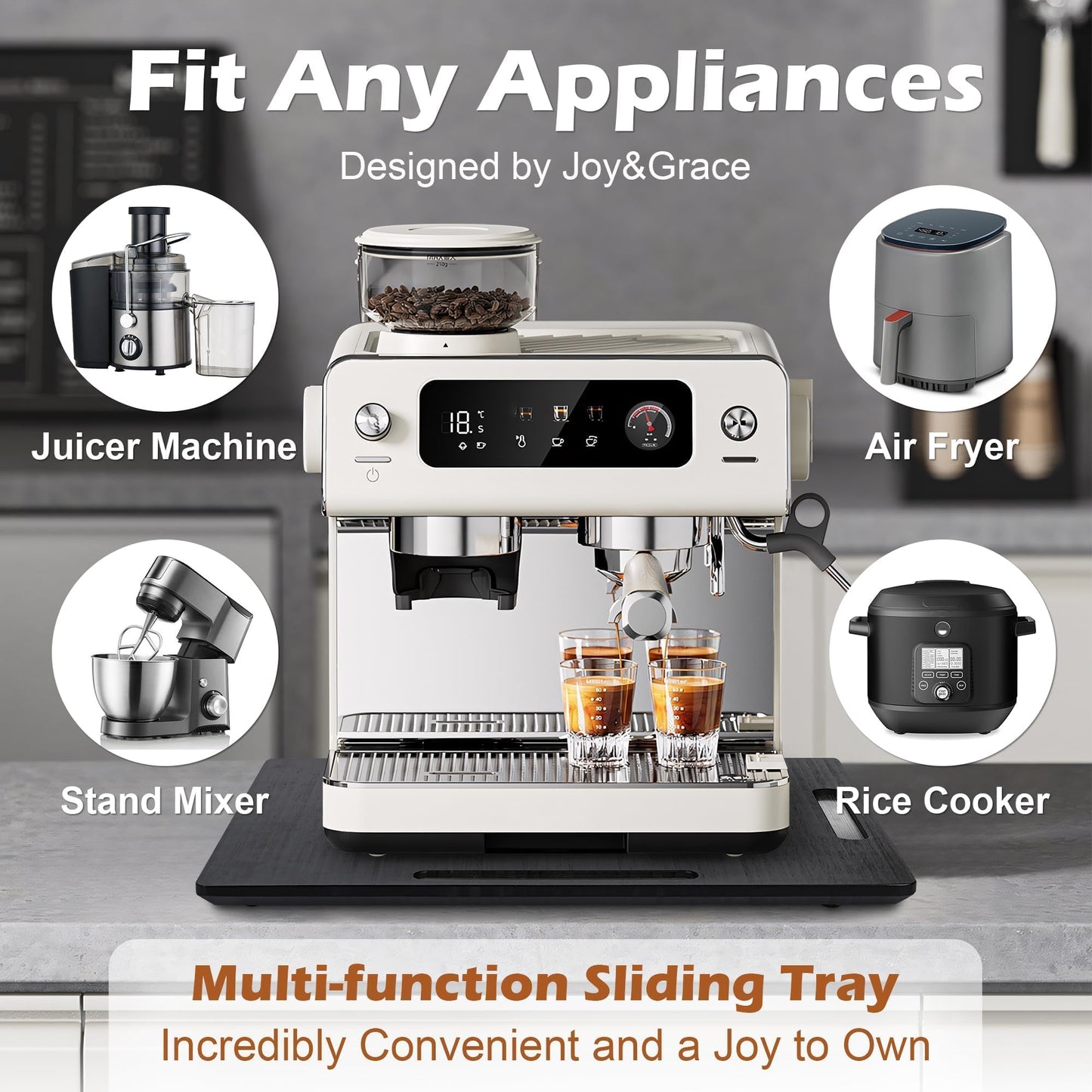 Joy&Grace Appliance Slider for Kitchen Appliances 360° Rolling Sliding Tray for Coffee Maker Countertop, Bamboo Coffee Pot Slider Rolling Tray with Universal Rollers (Black, Medium 14.5" x 10")