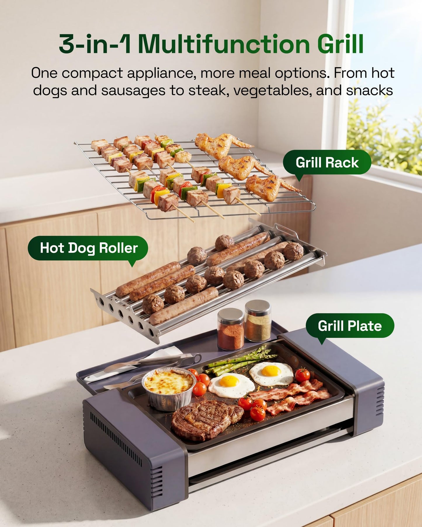 HBN Indoor Grill and Electric Griddle, 3-in-1 Smokeless Indoor Grill with Grill Rack & Nonstick Griddle & Sausage Grill Korean BBQ grill for Kitchen, Dishwasher Safe, 400F