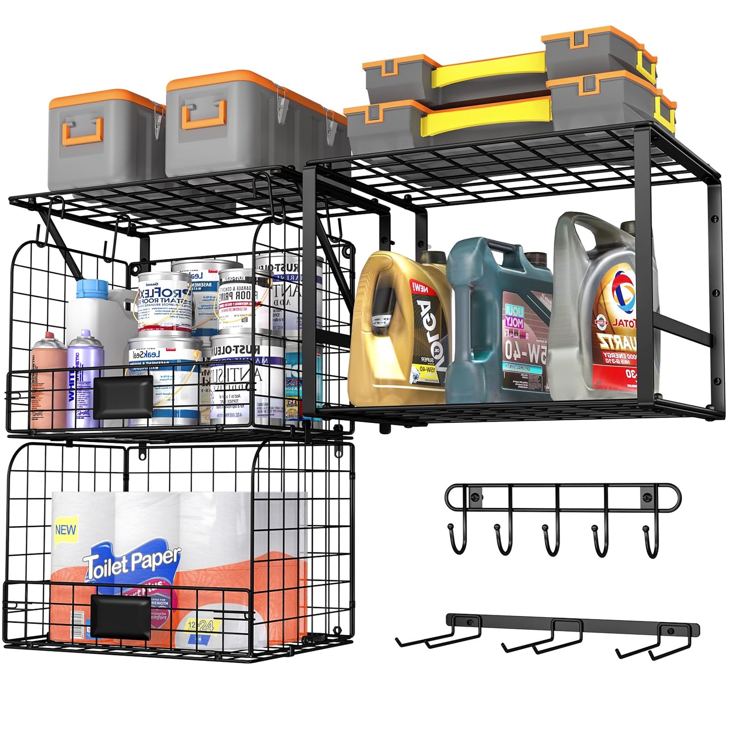 ThreeHio Garage Shelf Wall Mounted with Wire baskets, Heavy Duty Garage Wall Shelving with Garden Tool Rack and Hooks, Wire Shelf Baskets Tool Organizer for Home Garden Yard Organization and Storage