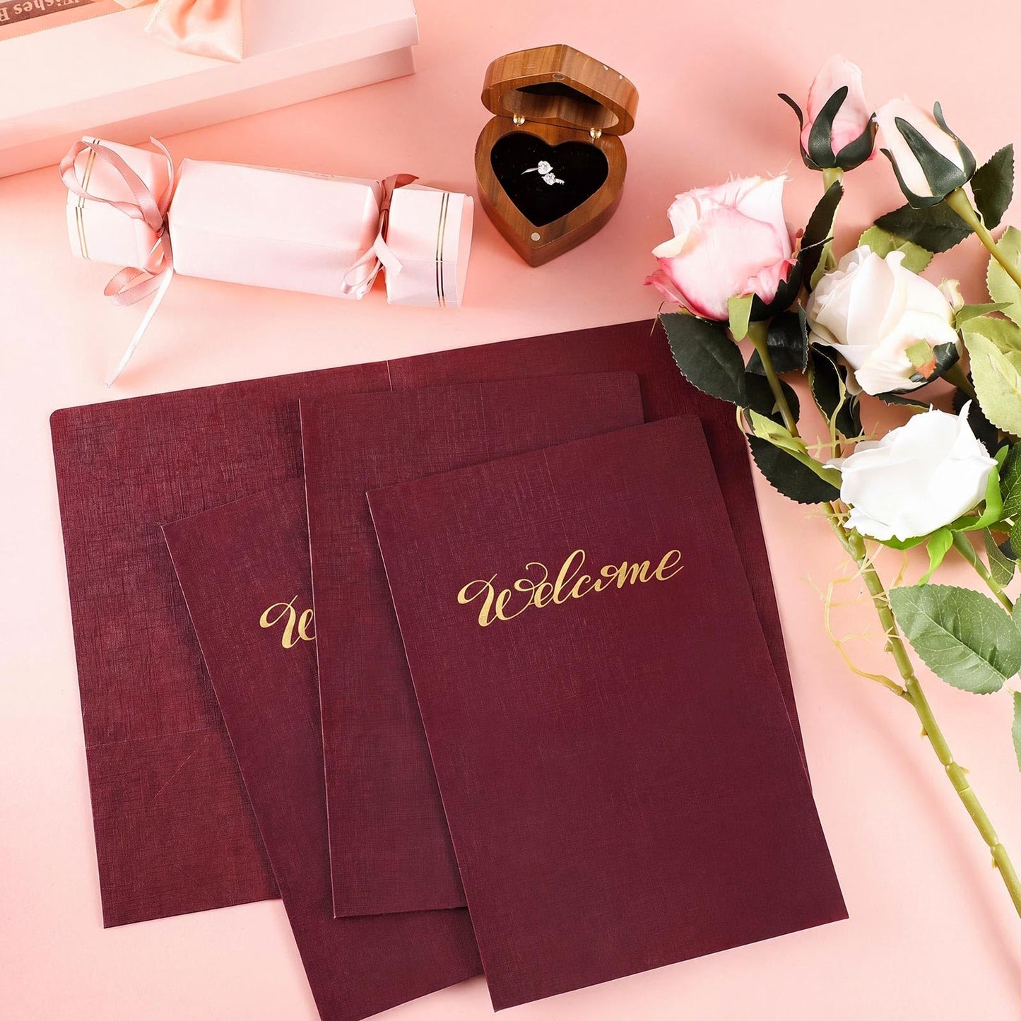 Affrolling 50 Pack 6 x 9 Inch Welcome Pocket Folders Welcome Folder Presentation Folder Employee File Folders for Weddings, Party, Conference, Seminars, Bar Mitzvah (Burgundy Linen)