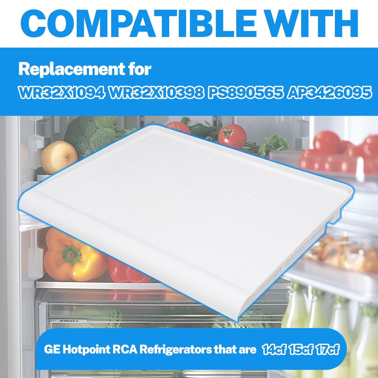 KUAFU WR32X10398 Crisper Pan Cover Compatible with GE Hotpoint RCA Refrigerators that are 14cf 15cf 17cf WR32X1094 PS890565 AP3426095 Vegetable Crisper Drawer Cover Replacement Only White