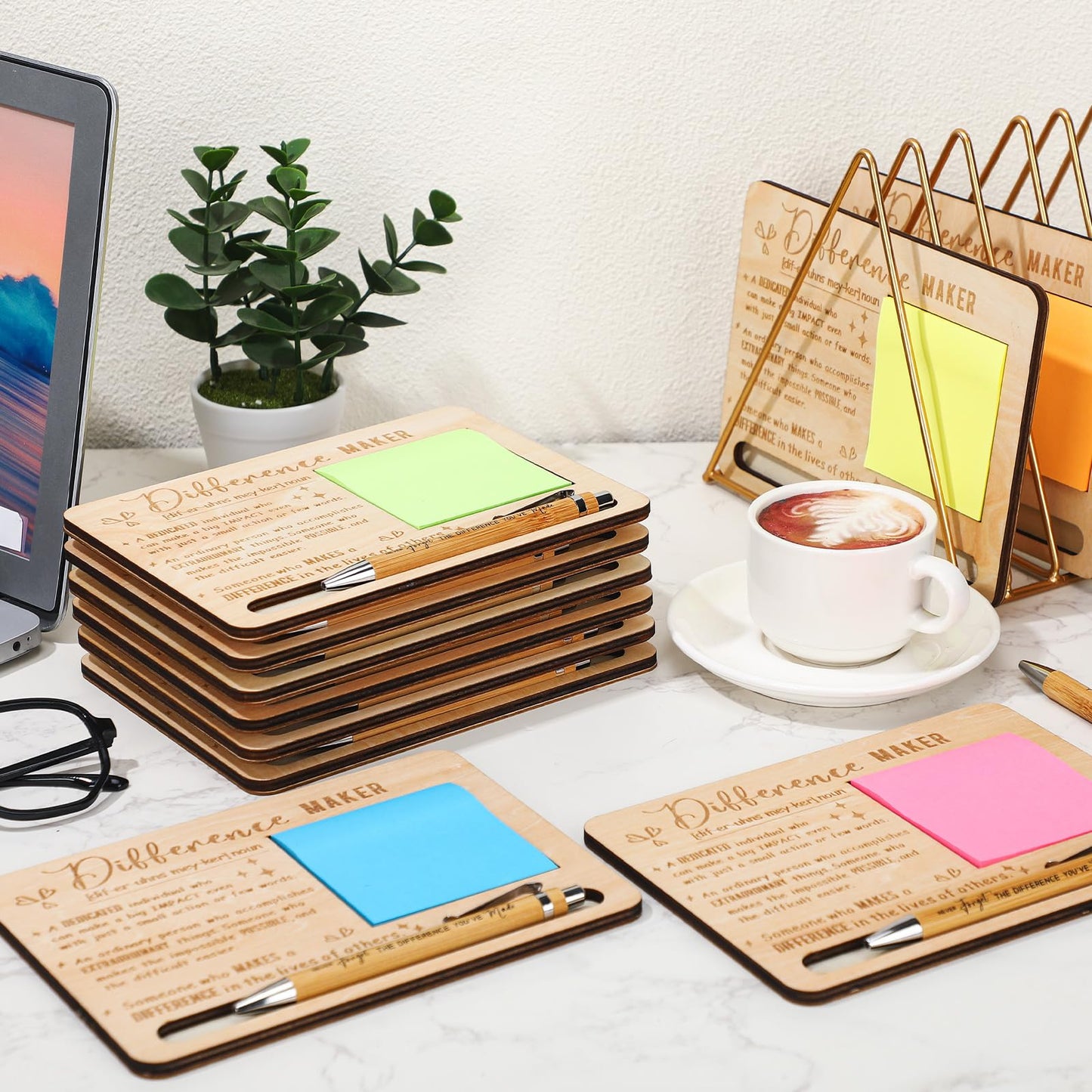 Kosiz 10 Set Difference Maker Appreciation Gifts Bulk for Employee Coworkers Wooden Inspirational Sticky Note Holder Set Thank You Appreciation Gifts for Team Staff Teachers Boss Nurse