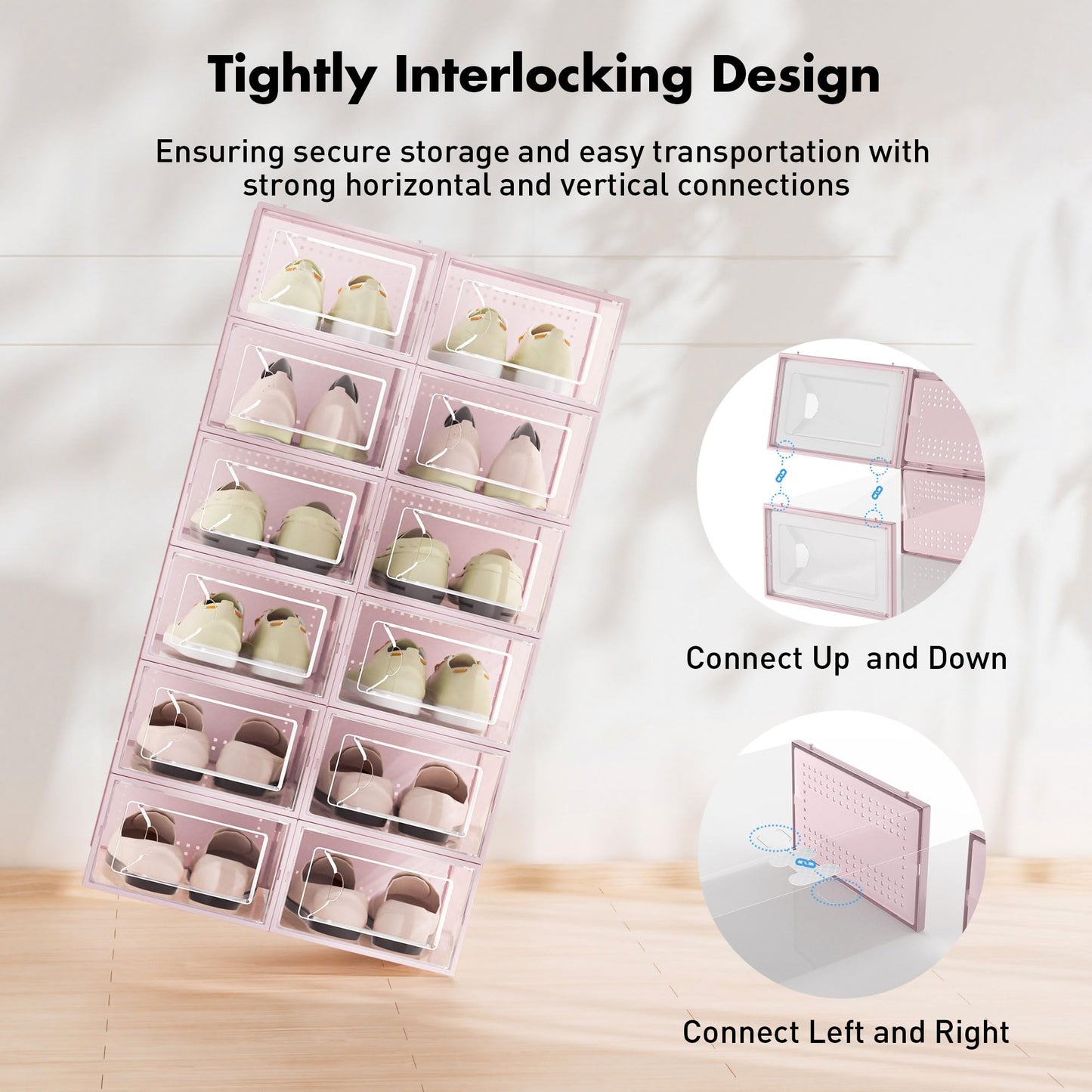 Foluck Shoe Storage Box, 15 Pack Clear Plastic Stackable Shoe Organizer for Closet, Interlocking Design Shoe Container Bins for Sneakers, Foldable Shoe Rack with Lids, Pink