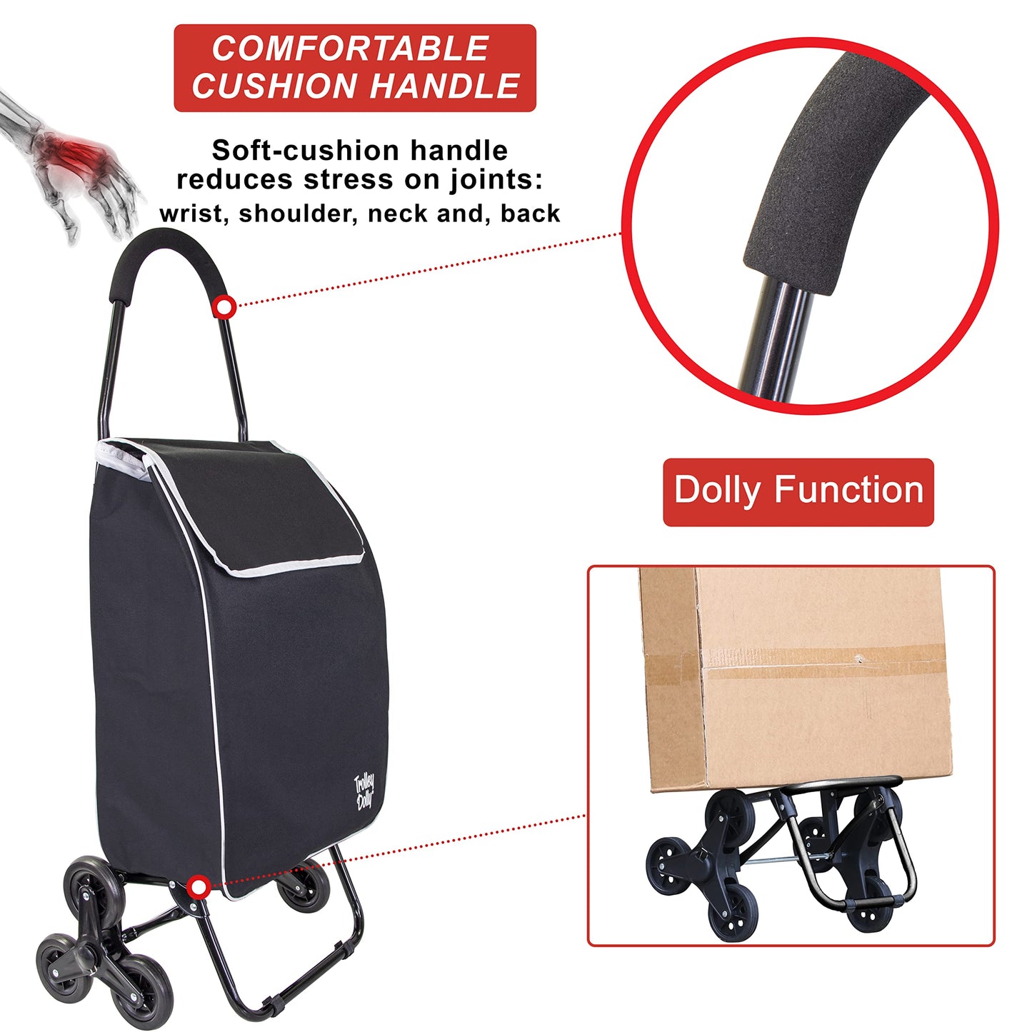dbest Products Trolley Dolly Sport Stair Climber – Foldable Grocery Cart on Wheels – Multi Use Rolling Cart with Removable Bag, Hand Truck Dolly Function, and Stair Climbing Wheels, Black