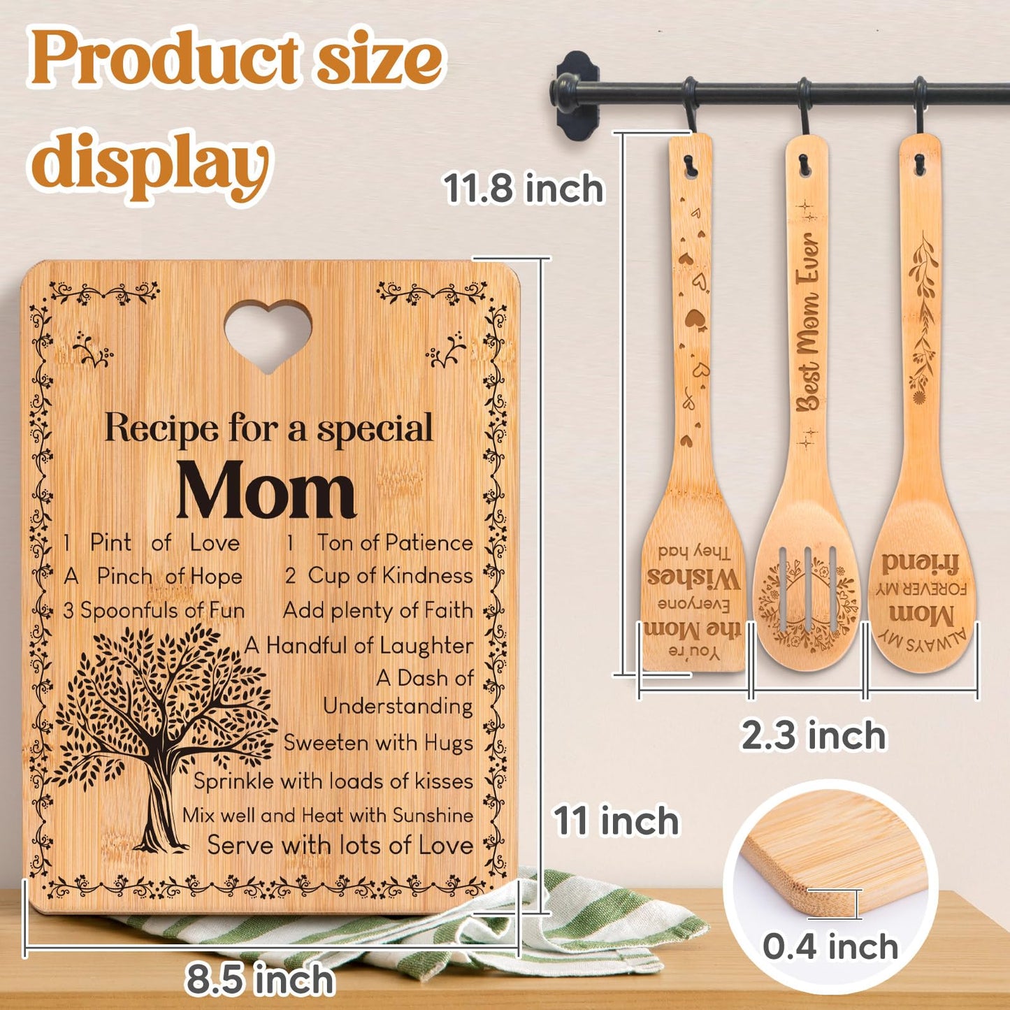 Gifts for Mom - "Recipe for a Special Mom" Mom Birthday Gifts Cutting Board Set, Bamboo-Made Engraved Utensil Set, Birthday Gifts for Mom from Daughter/Son, Mothers Day Gifts