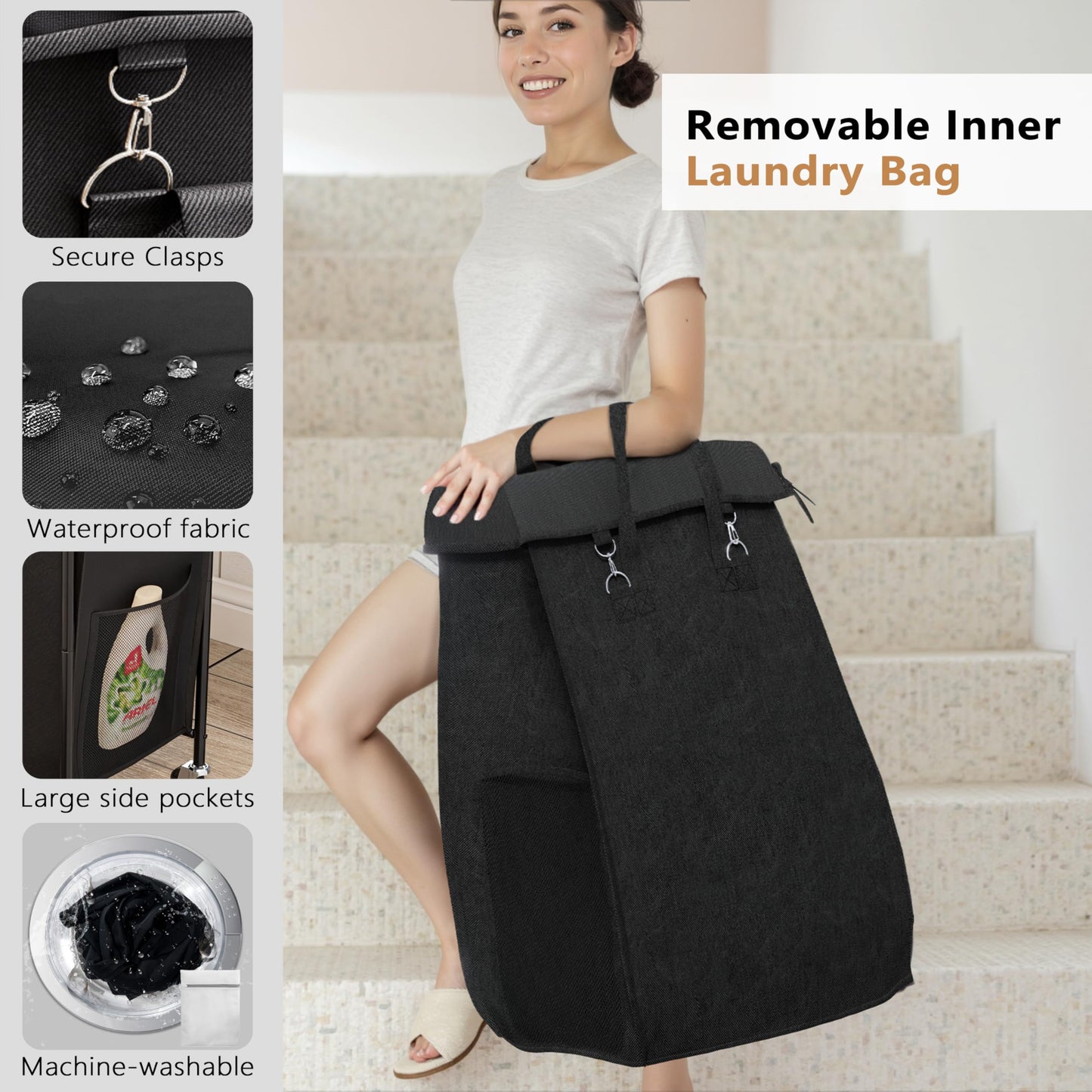 150L Laundry Basket with Wheels, Double Rolling Laundry Hamper with Metal Frame and Removable Bag, Dirty Clothes Hampers for Bedroom, Bathroom, Dorm Room, Black