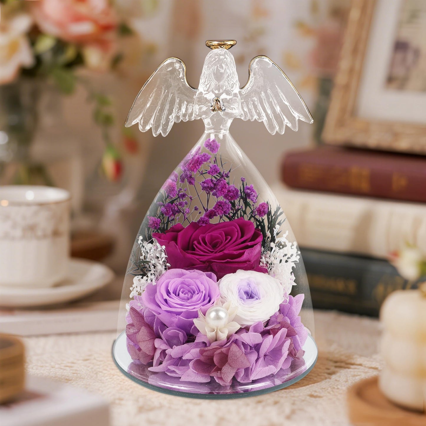 YOFIT Gifts for Women Mom Mother's Day-Preserved Roses in Glass Angel Figurine, Forever Fresh Flowers for Her Grandma, Gifts for Valentines Birthday (Purple, Lights)