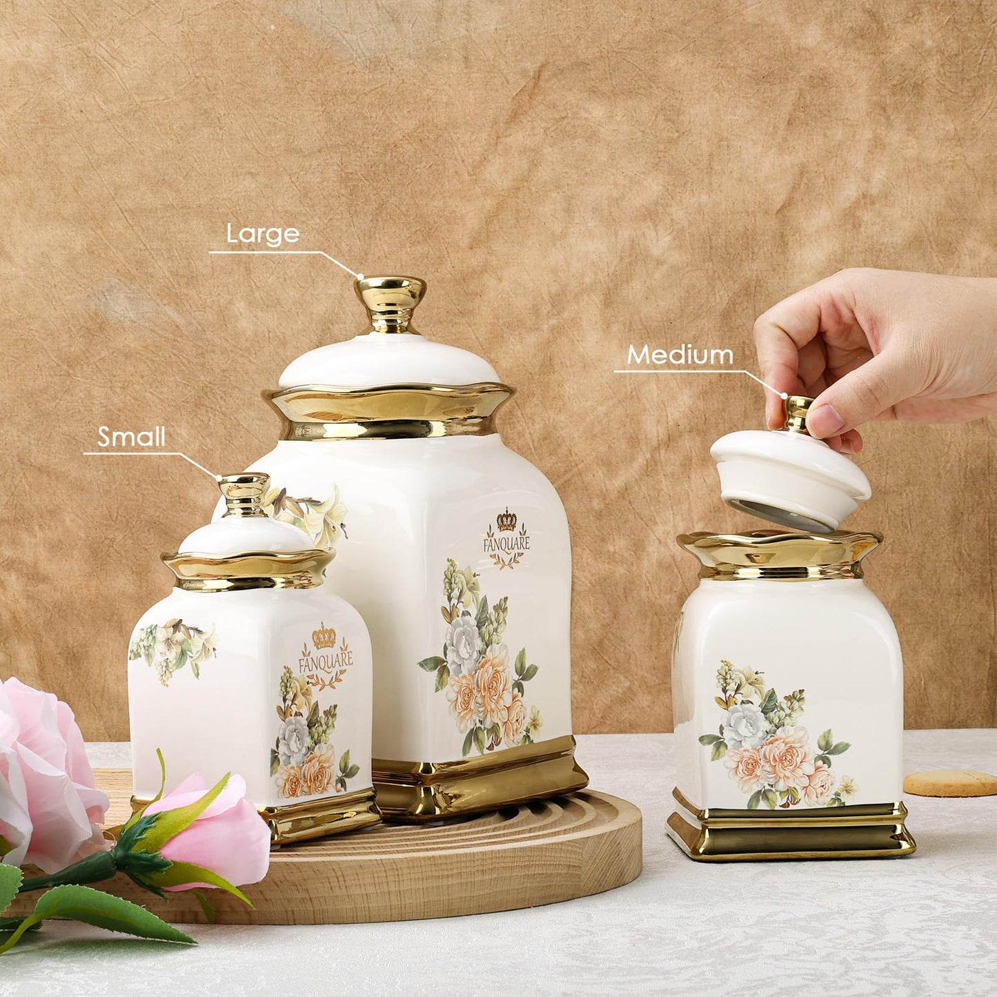 fanquare Floral Canisters with Gold Trim, Ceramic Decorative Countertop Jars, Farmhouse Porcelain Cookie Jar and Sugar Bowl Set with Airtight Lid
