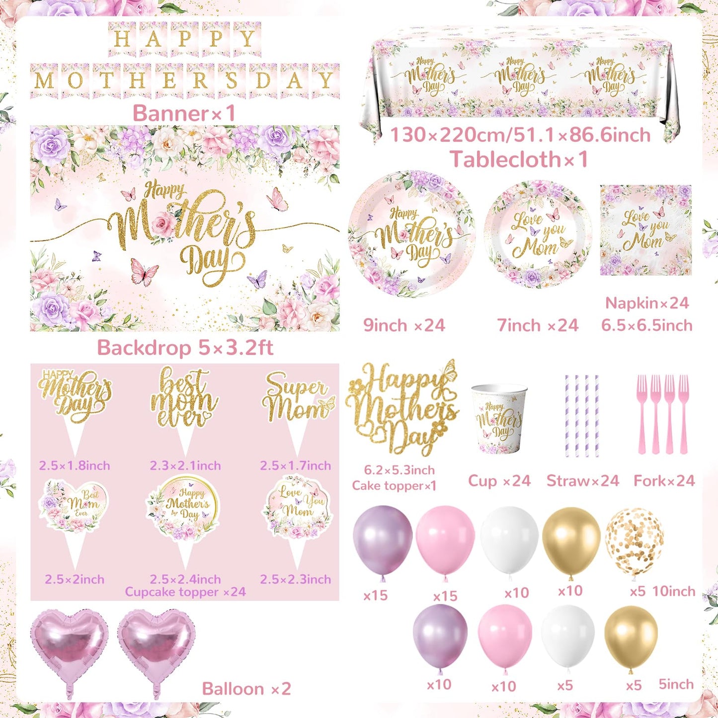 259Pcs Mothers Day Decorations for Party - Purple and Pink Floral Happy Mother's Day Paper Plates and Napkins Mothers Day Balloon Arch,Banners,Cake Toppers for Best Mom Ever Party Favor 24 Guests