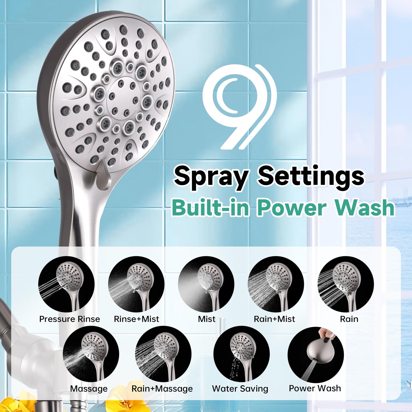 BRIGHT SHOWERS High Pressure Shower Head with Handheld, 9 Spray Settings Showerhead Built in Power Wash to Clean Tub and Pets, Extra Long 69" Hose, Adjustable Bracket, Brushed Nickel