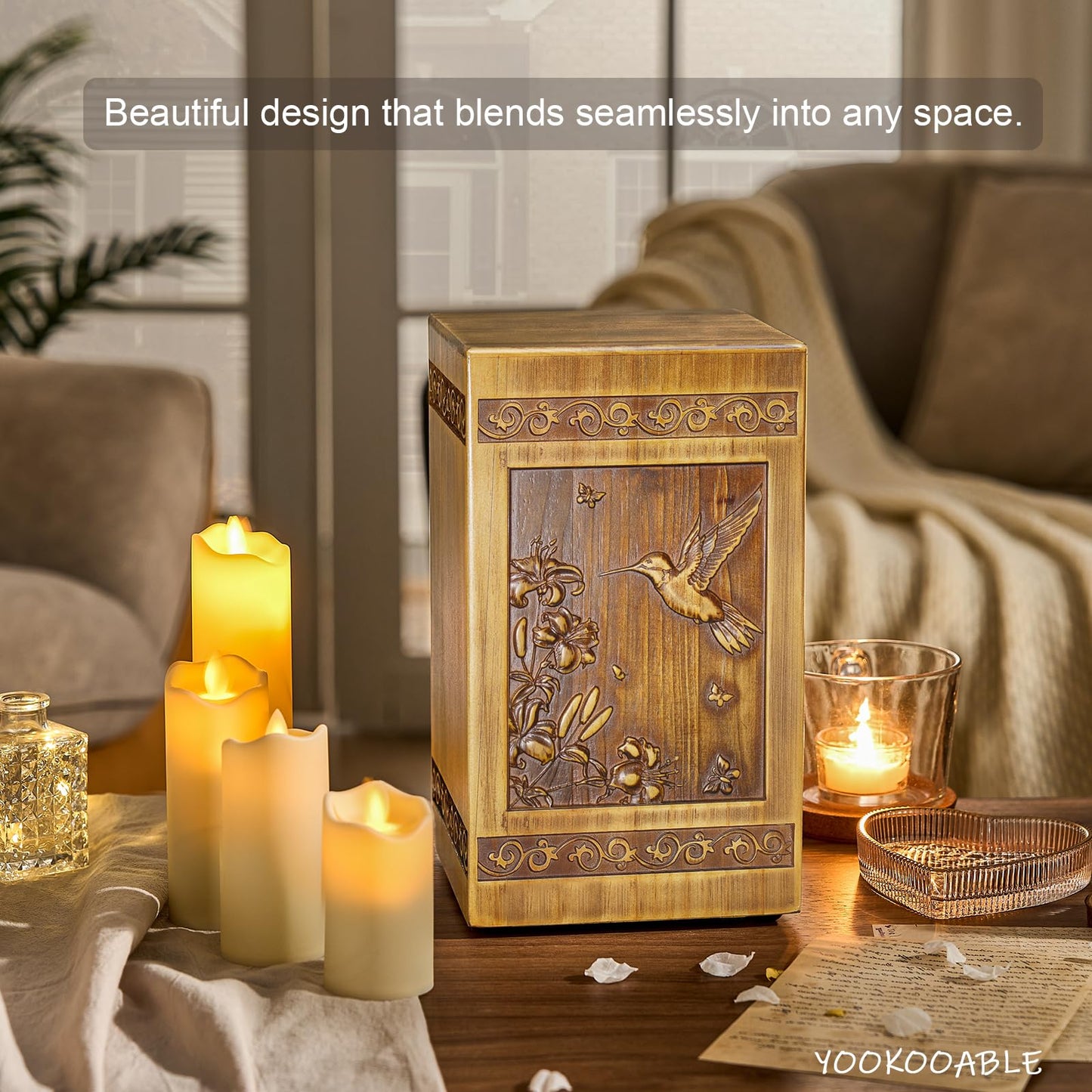 Wooden Urn for Ashes Adult Male Female, Handcrafted Large Cremation Urns Box for Human Ashes Adult Man Woman, Memorial Decorative Funeral Urn with Hummingbird Carvings, with Velvet Bag & Necklace