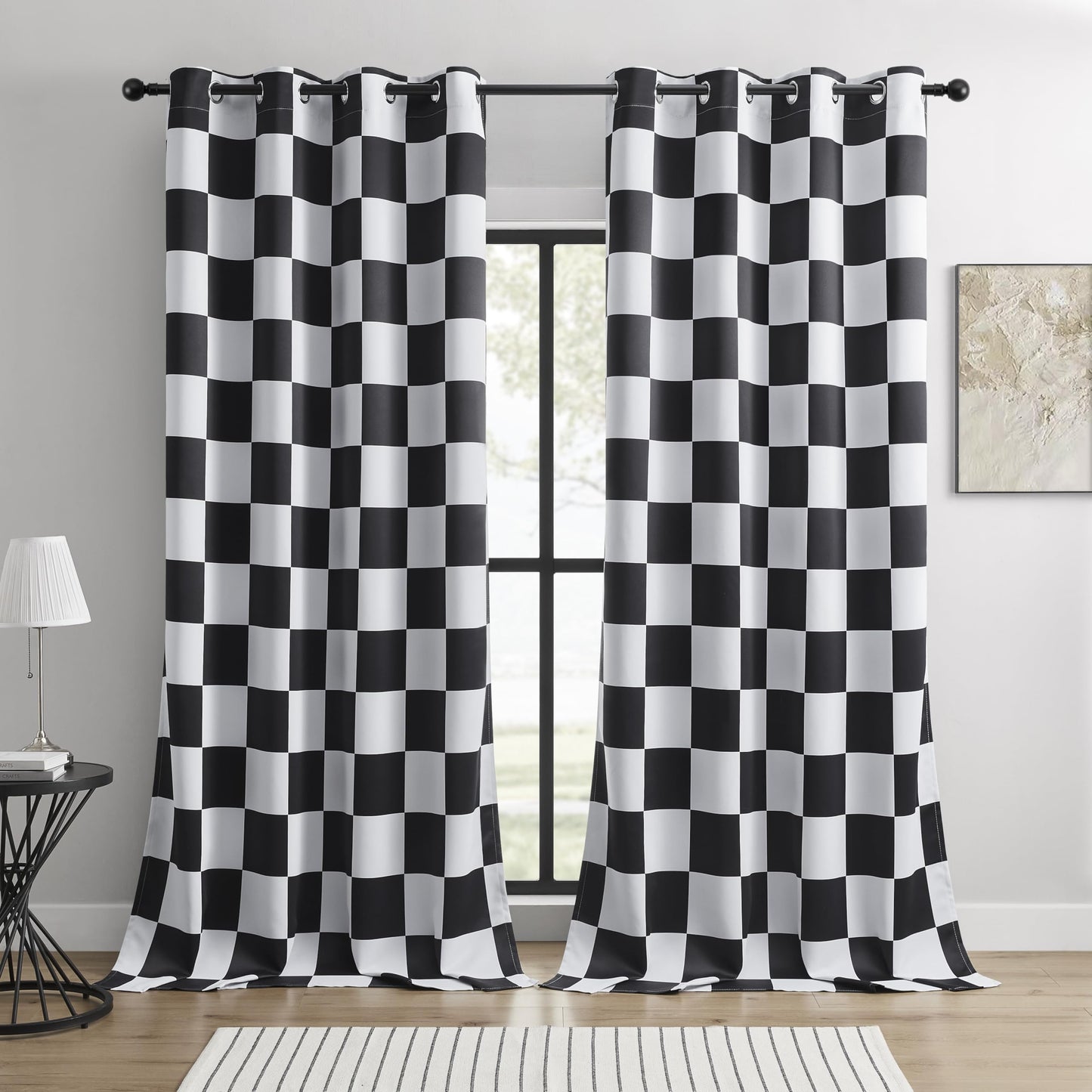 BOHOMOCASA 100% Blackout Curtains – Black and White Checkered Race Flag Pattern, 2 Panels, Each W52×L84, Thermal Insulated, Nosie Reducing for Bedroom, Living Room, Race car Drapes