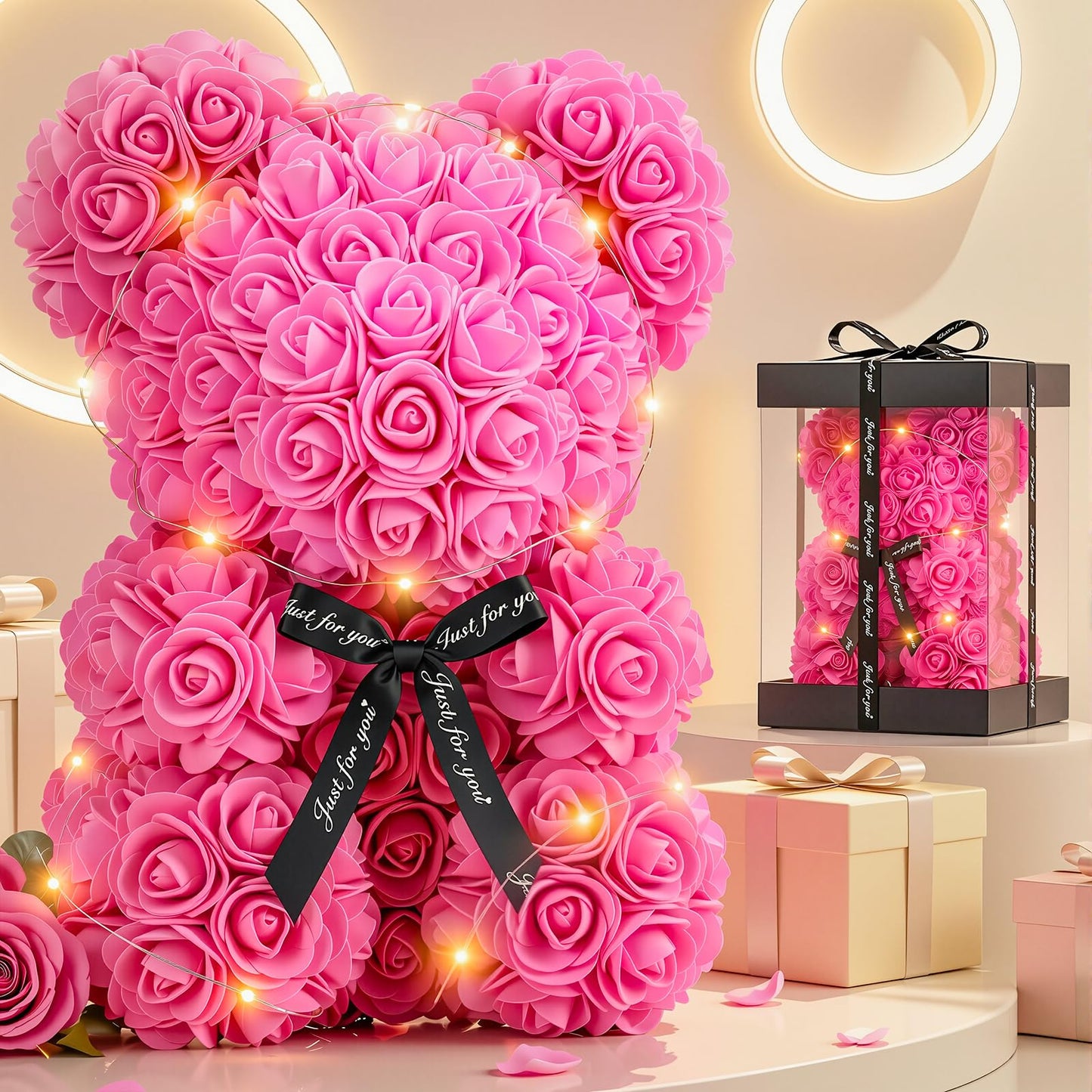 Otlonpe Preserved Artificial Roses Flowers Bear, Forever Women Gifts for Birthday Christmas Valentines Mothers Day, 9'' Pink Rose Flower Small Bear Lamp in Box, Gifts for Women Mom Grandma Daughter