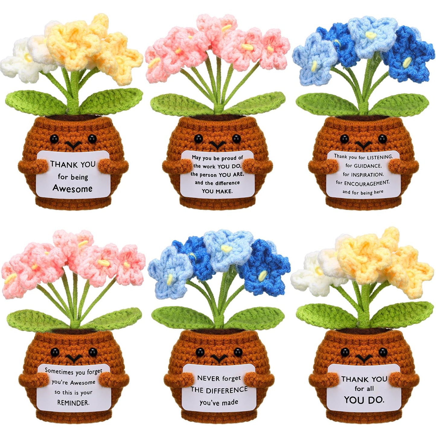 Wavwavw 6 Pcs Employee Appreciation Gifts Bulk Thank You Gifts for Team Coworkers Staff Positive Handmade Crochet Doll with Inspirational Card for Women Men Office EMS CNA(Forget Me Not)