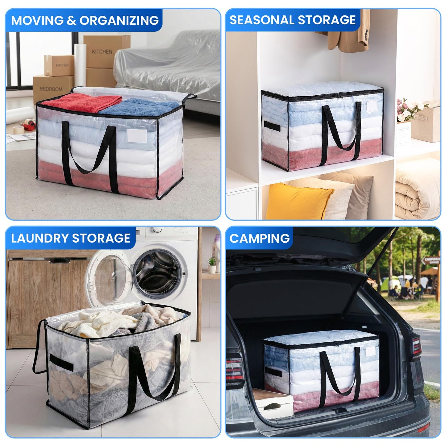 TAILI Extra Large Moving Bags, 6 Pack Clear Heavy Duty Totes For Storage with Visible Window, Wrap Around Handles, Storage Bags for Space Saving, Alternative to Moving Boxes