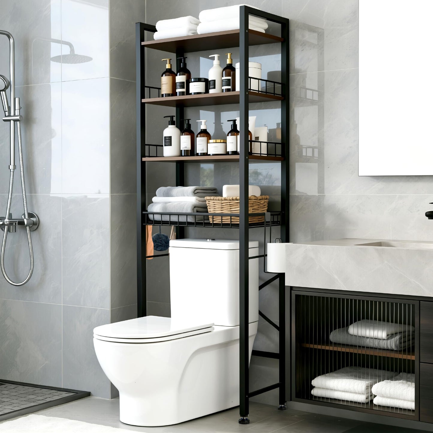 Lovswan 4-Tier Bathroom Organizer Shelf Over The Toilet Storage Cabinet with Feet Pad Over The Toilet Storage Rack with Adjustable Shelf and Basket Bathroom Shelves Above Toilet Bathroom Shelves