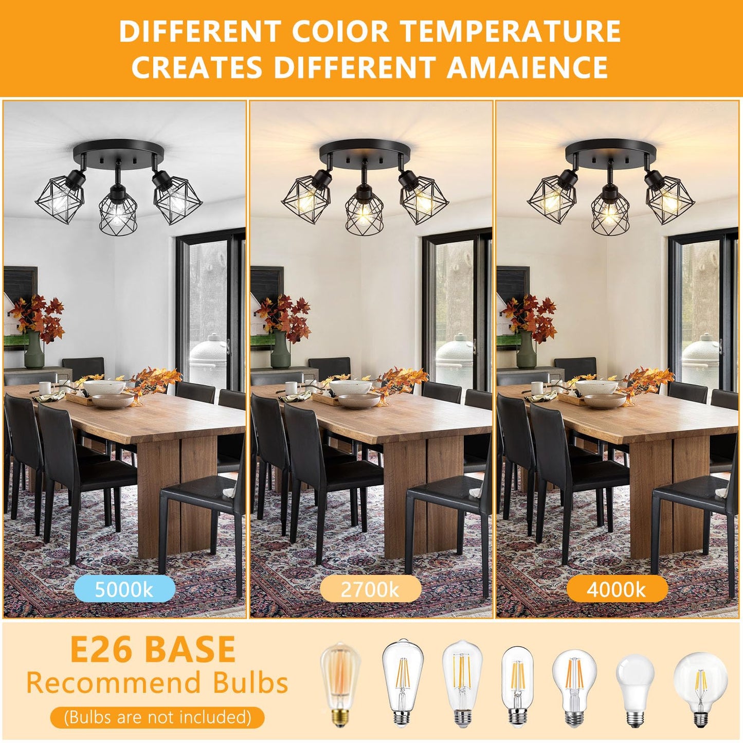 Baocuz 3-Light Kitchen Flush Mount Ceiling Light, Adjustable Multi-Directional Ceiling Light Fixture, Farmhouse Black Metal Cage Close to Ceiling Lamp for Dining Room Bedroom Hallway